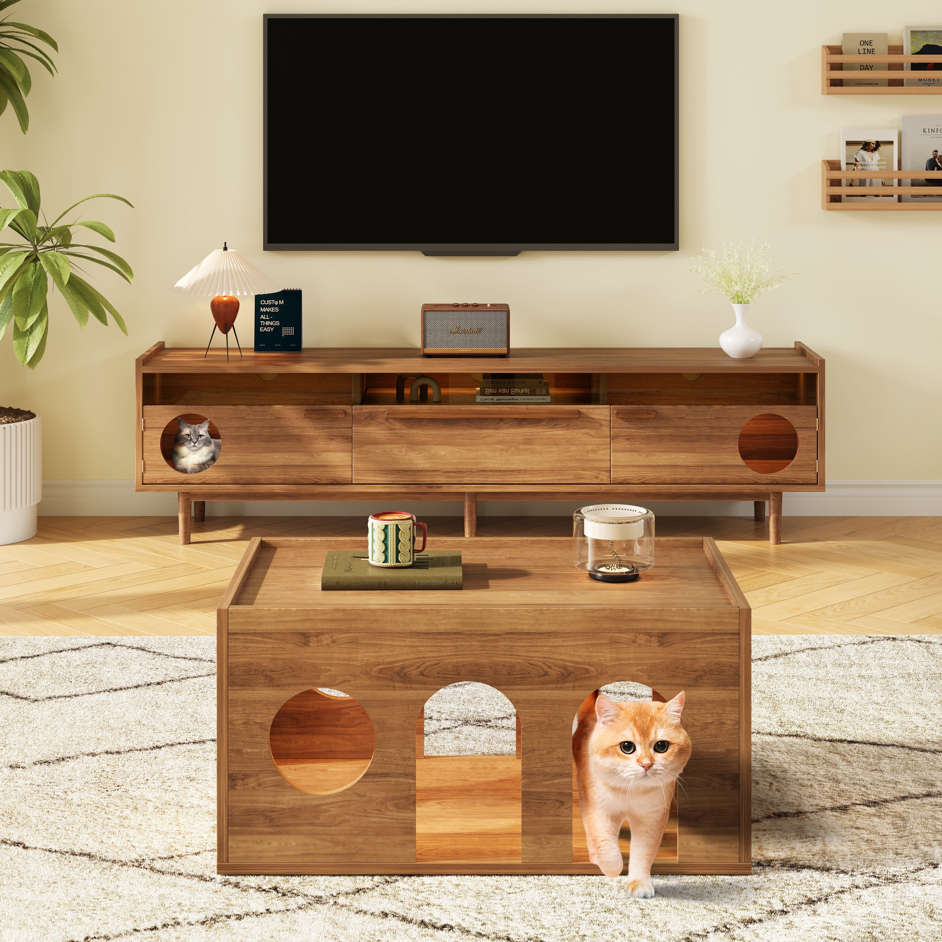 Logidon Modern TV-meubel met LED Kattentoilet Walnoot 180x40x50