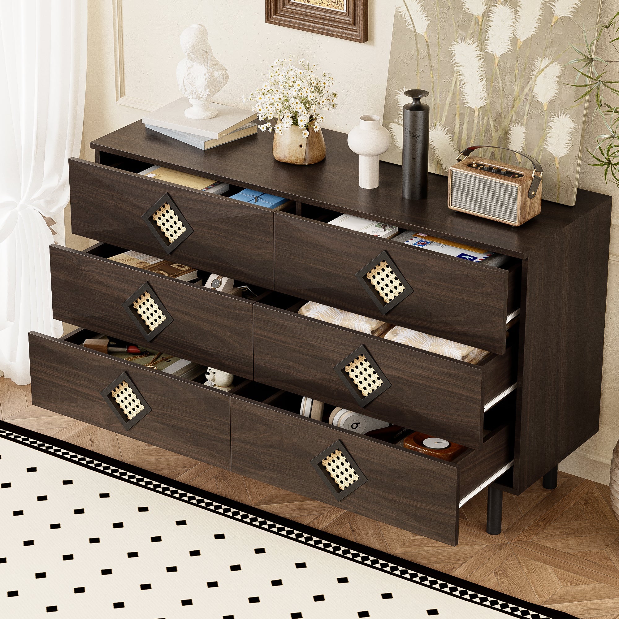 Logidon Elegante kaptafel met 6 laden, walnoot met rotan handvat