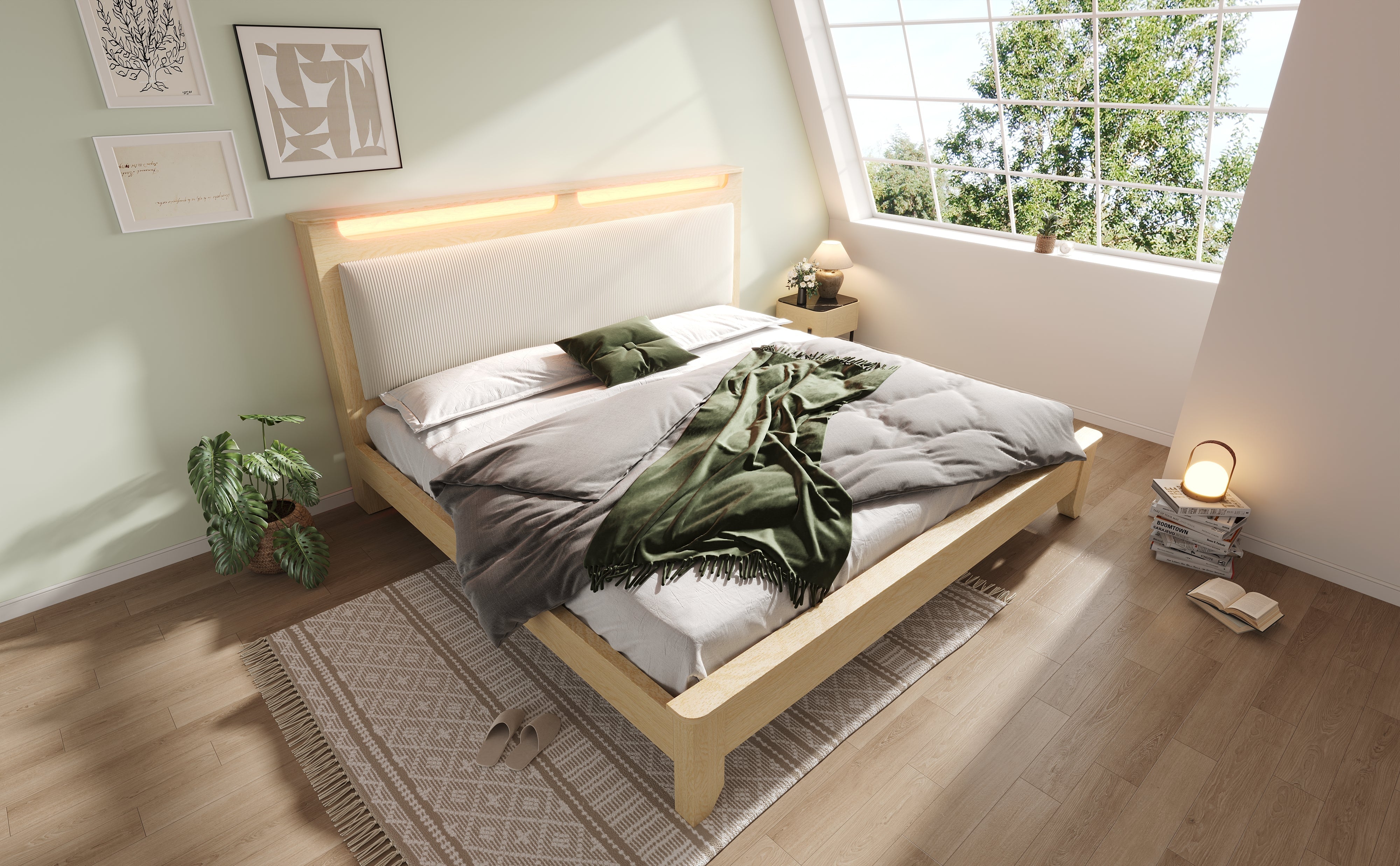 Logidon double bed 140x200 cm beige LED lighting headboard storage space