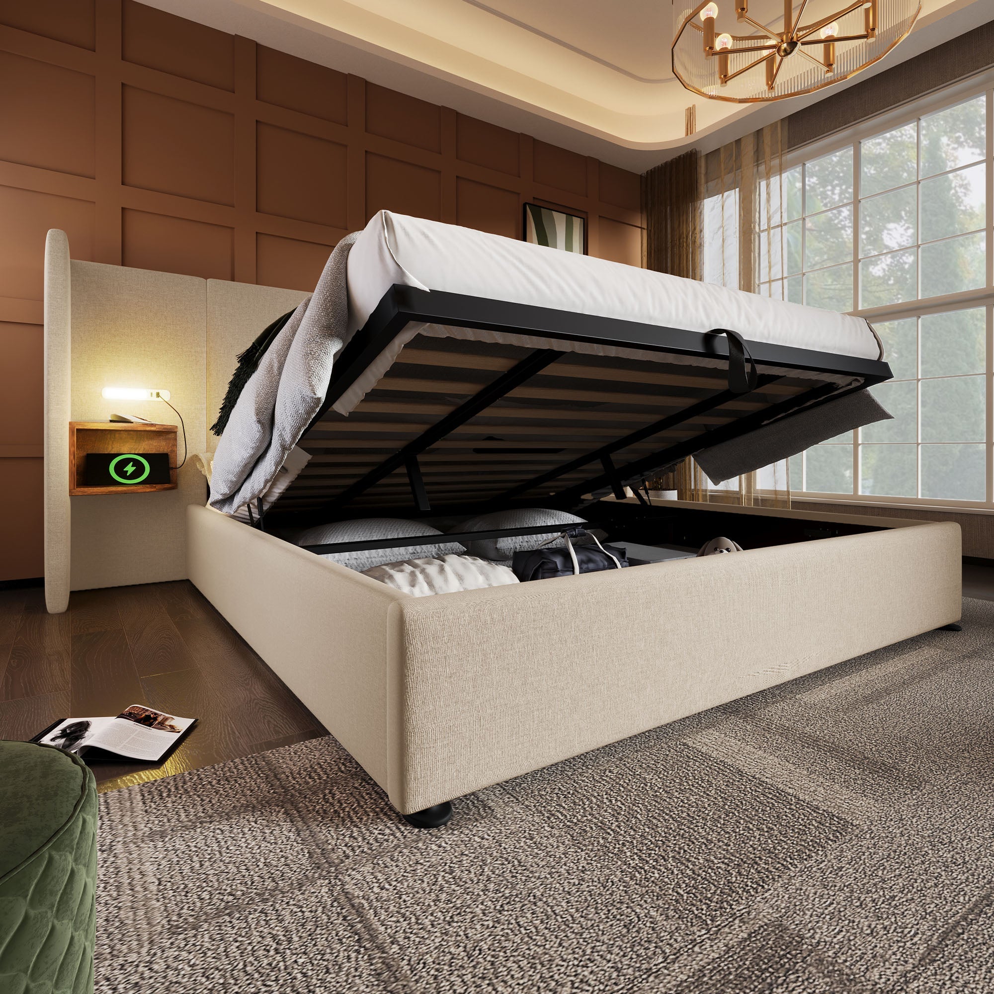 Logidon gestoffeerd bed tweepersoonsbed 180x200 met nachtkastje USB C oplaadfunctie