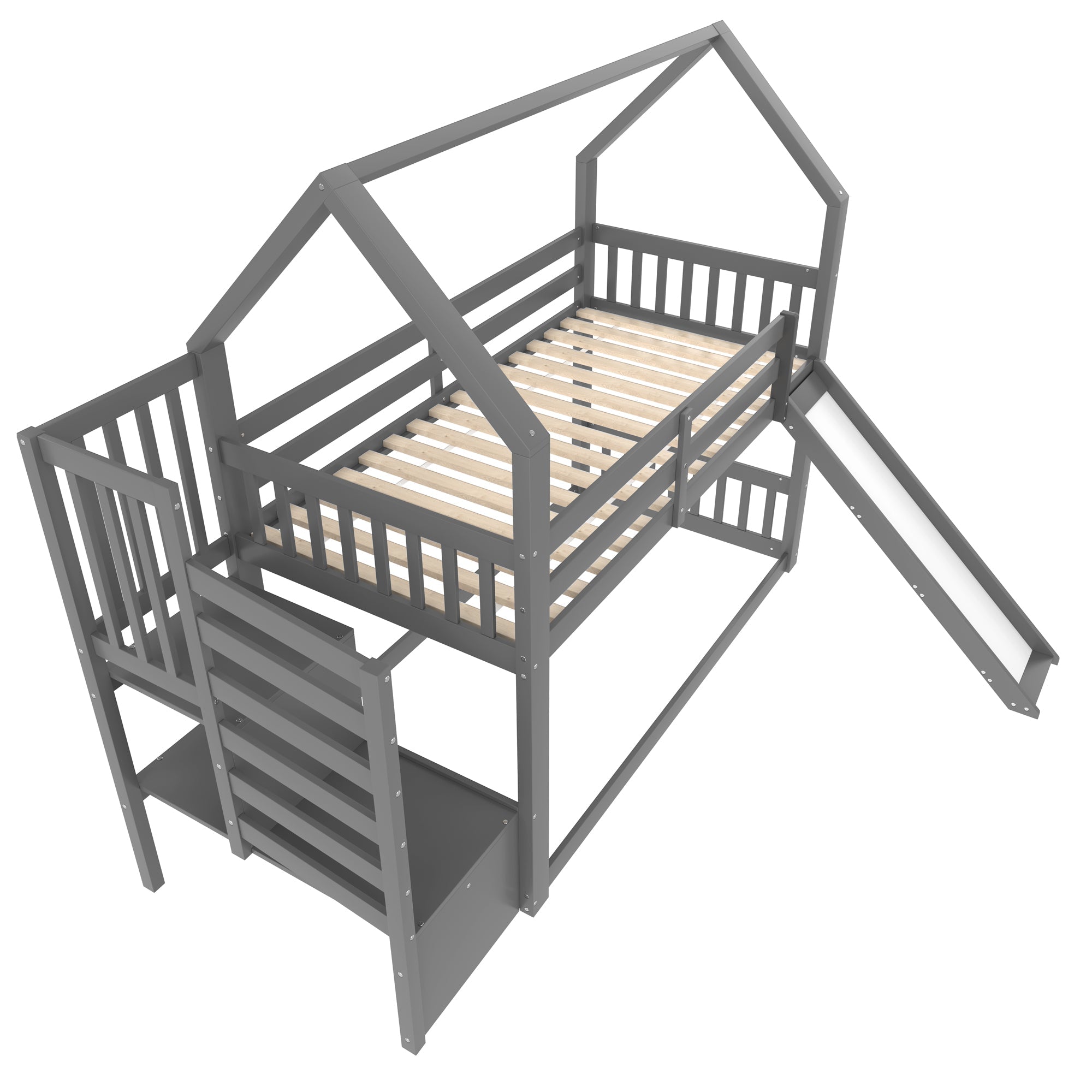 Logidon stapelbed grijs 90x200 met opbergtrap en glijbaan