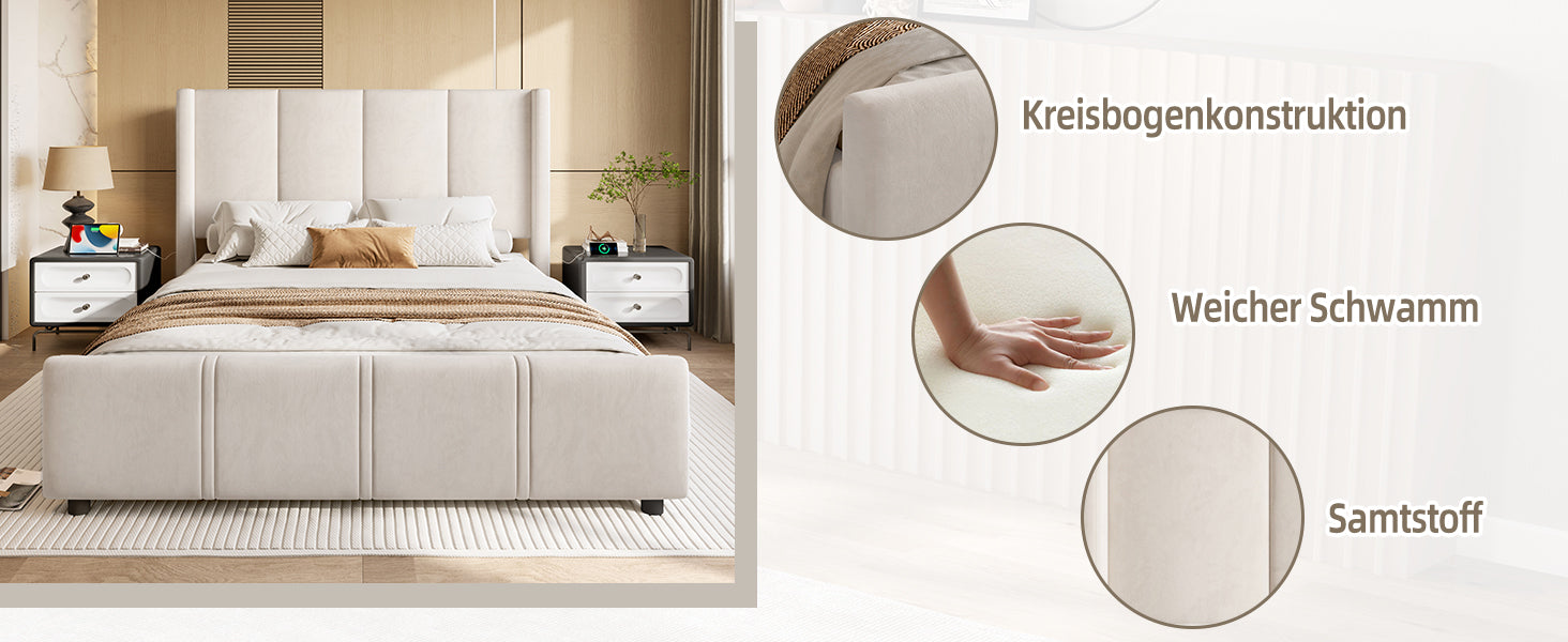 Logidon stoffen bedframe 140x190 beige velours USB-aansluiting