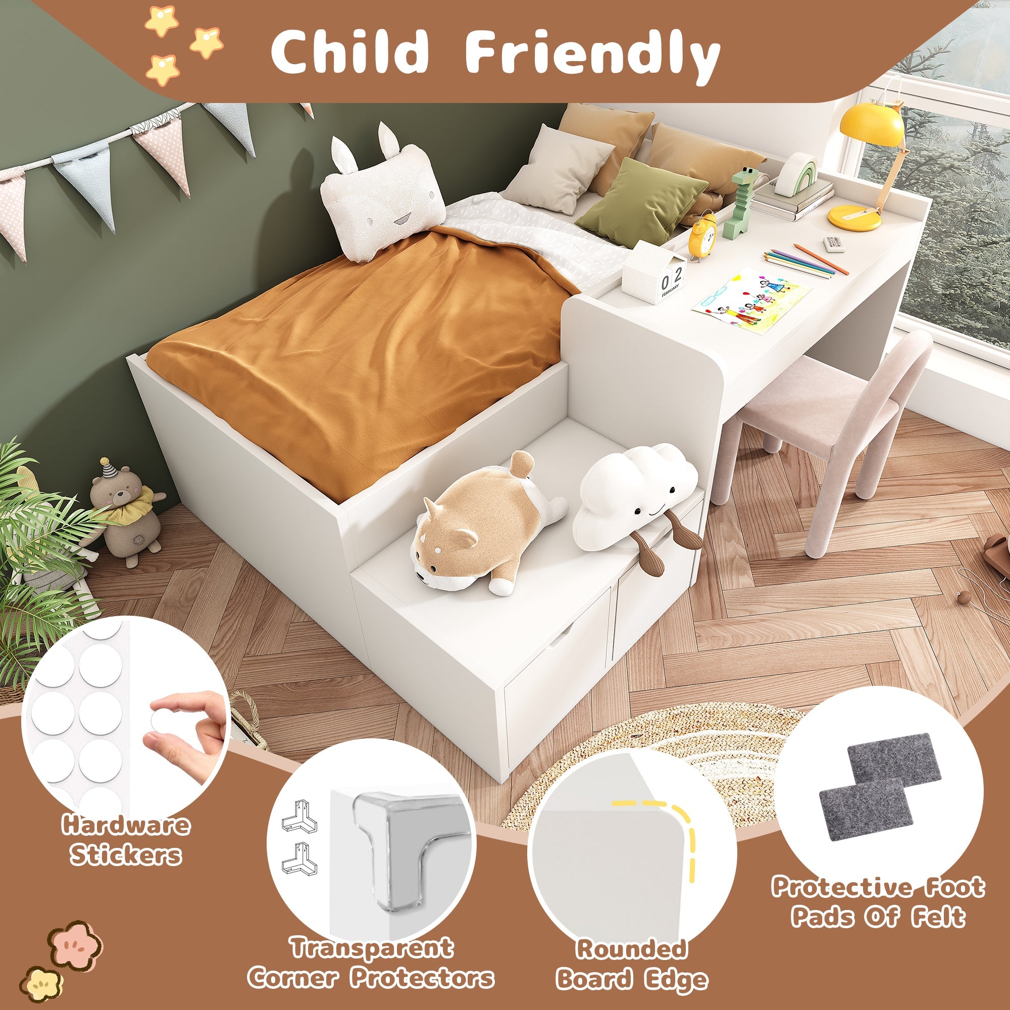 Logidon kinderbed 90x200 massief hout wit met bureau en opbergruimte