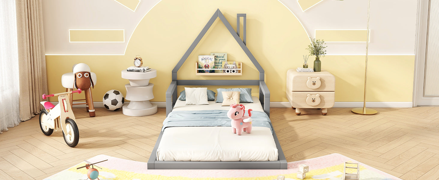 Logidon children's bed 90x200 cm flat bed house shape gray solid wood