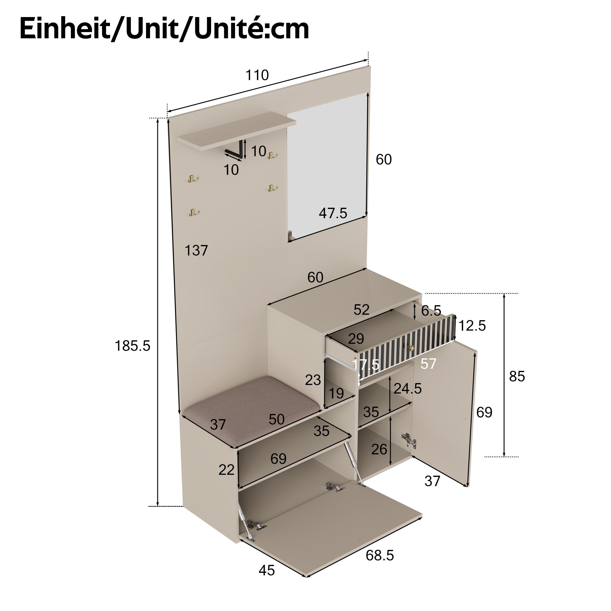 Logidon kledingkastset beige met spiegel en zitkussen 110x185x37 cm