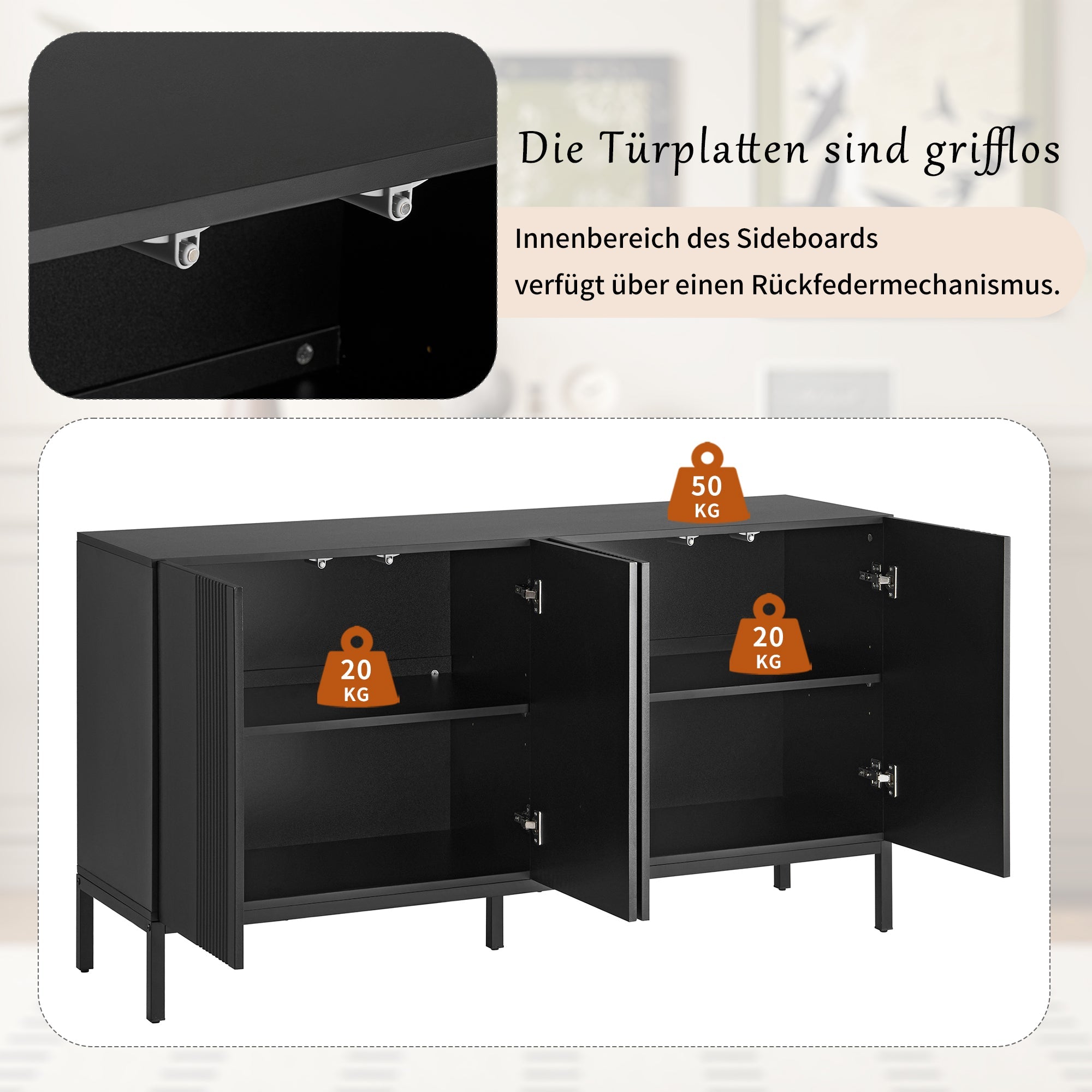 Logidon Modern Dressoir 4-deurs Greeploos Zwart 145x41x80 cm