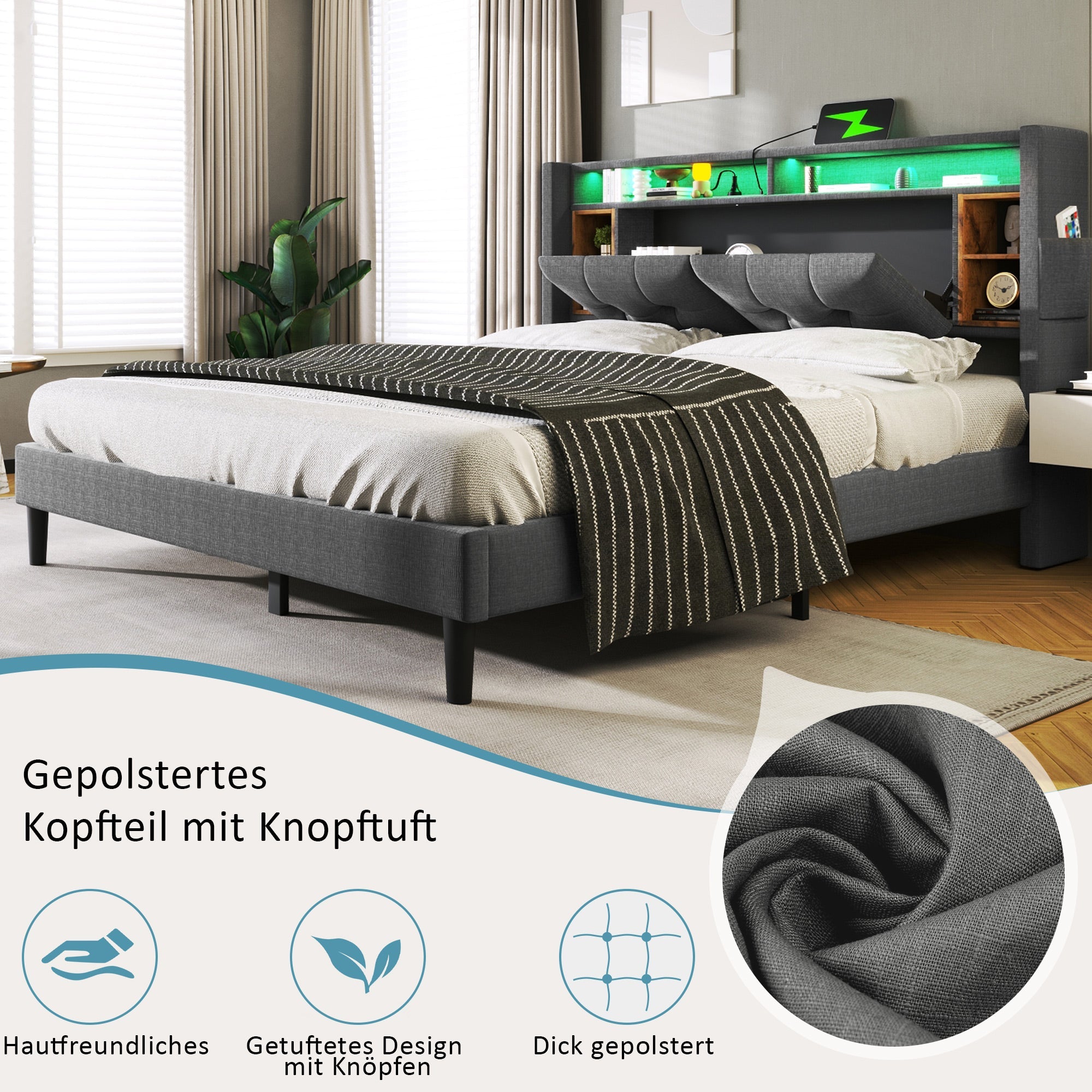 Logidon gestoffeerd bed tweepersoonsbed opbergruimte hoofdbord USB LED grijs 140x200