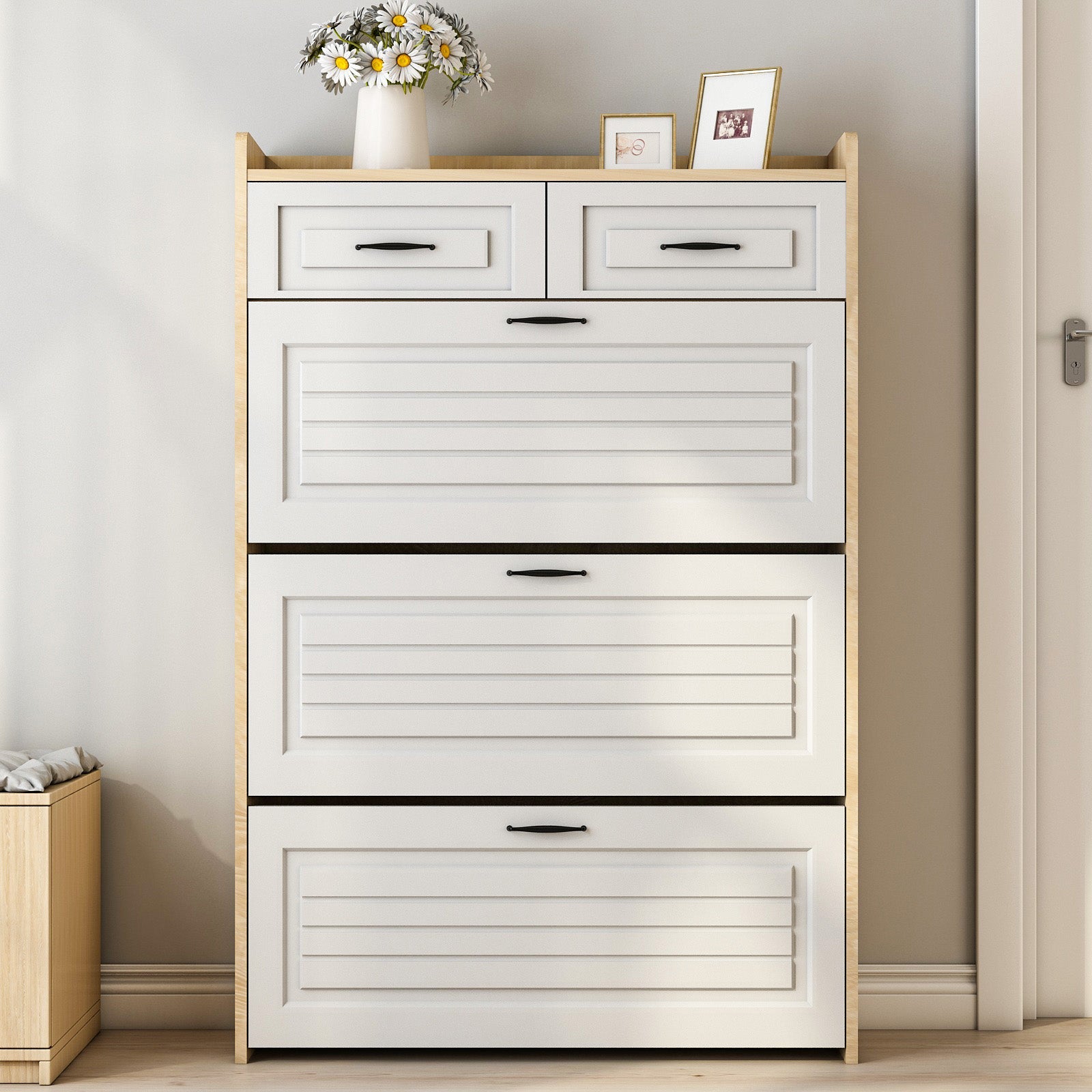 Logidon shoe chest white rotating shoe cabinet 3 flaps 2 drawers