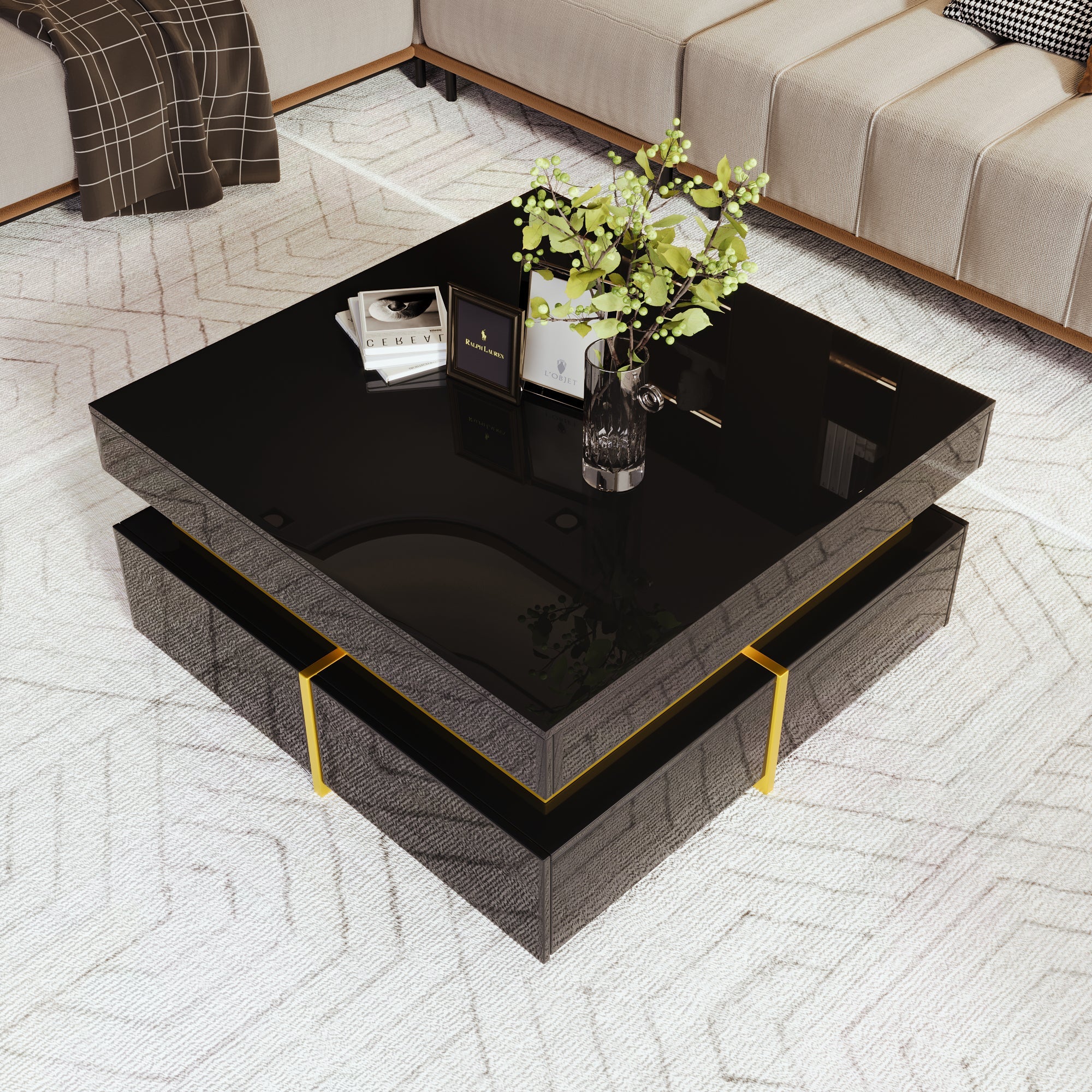 Logidon high gloss coffee table with gold accents and drawers