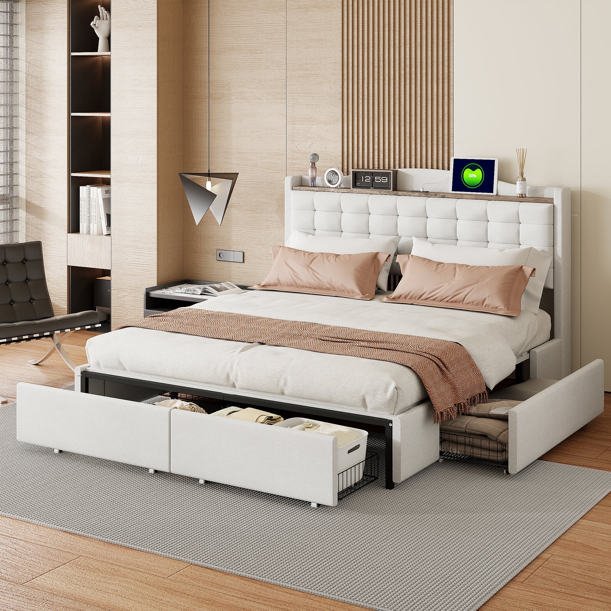 Logidon gestoffeerd bed 160x200 cm beige linnen stof USB-oplaadpoort