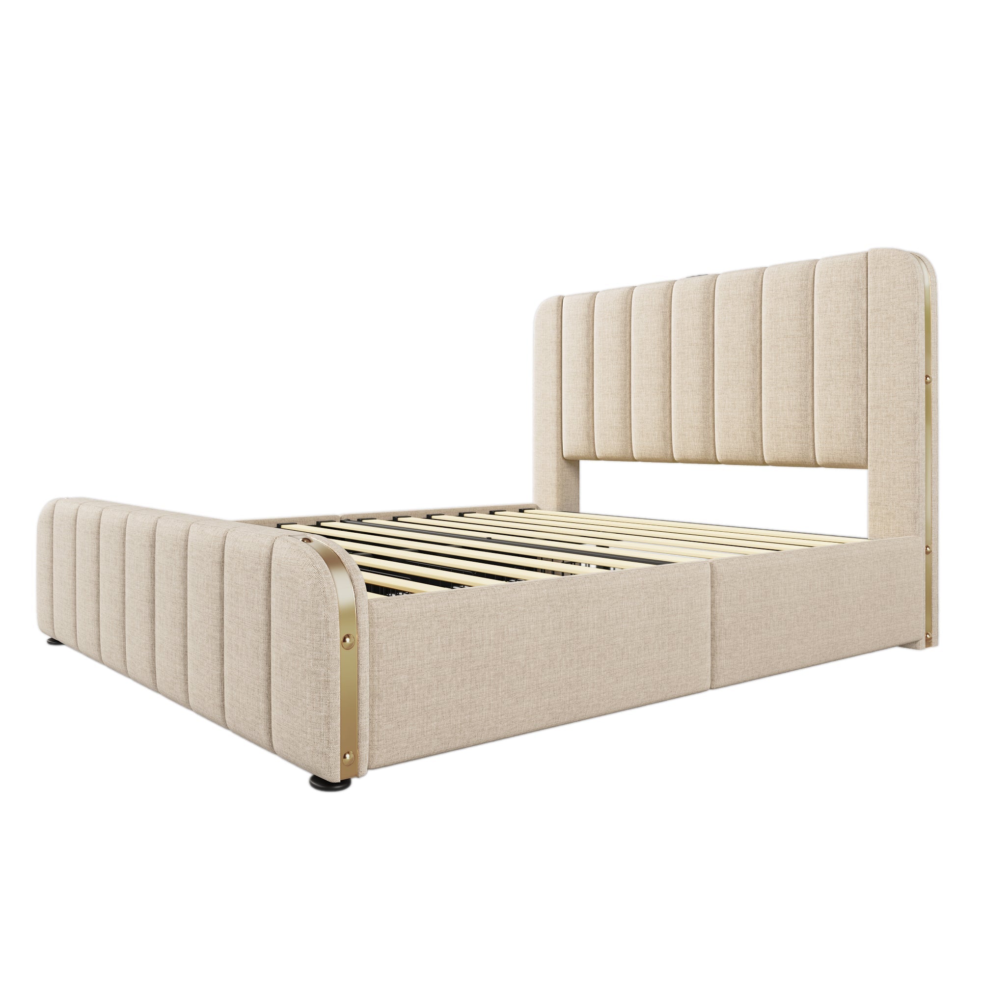 Logidon gestoffeerd bedhoofdeinde USB C oplaadfunctie 140x200 beige linnen