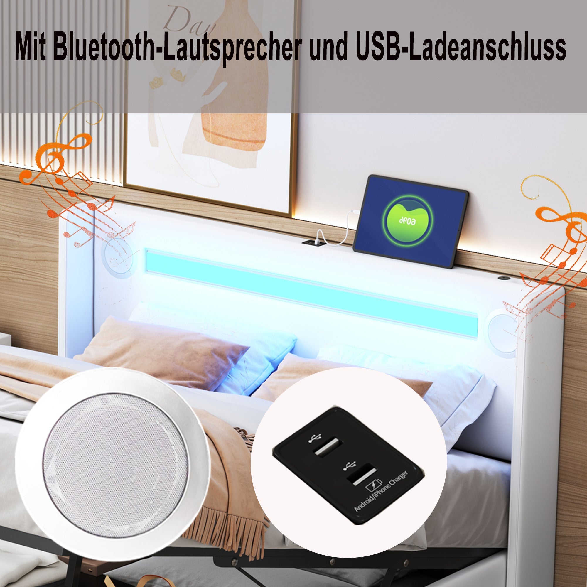 Logidon gestoffeerd bed 140x200 wit LED-licht USB Bluetooth opbergruimte