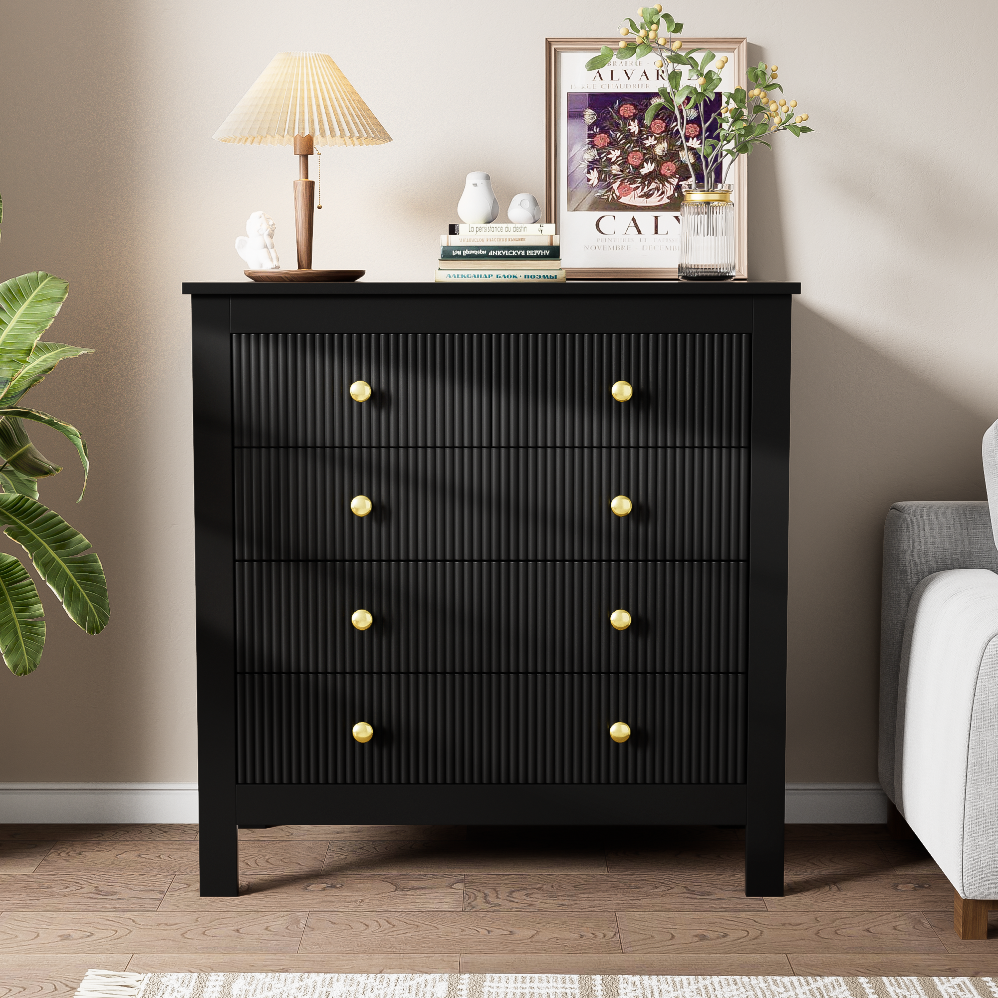 Logidon Dressoir 5 Laden Zwarte Ladekast Met Gouden Handgrepen 79 cm