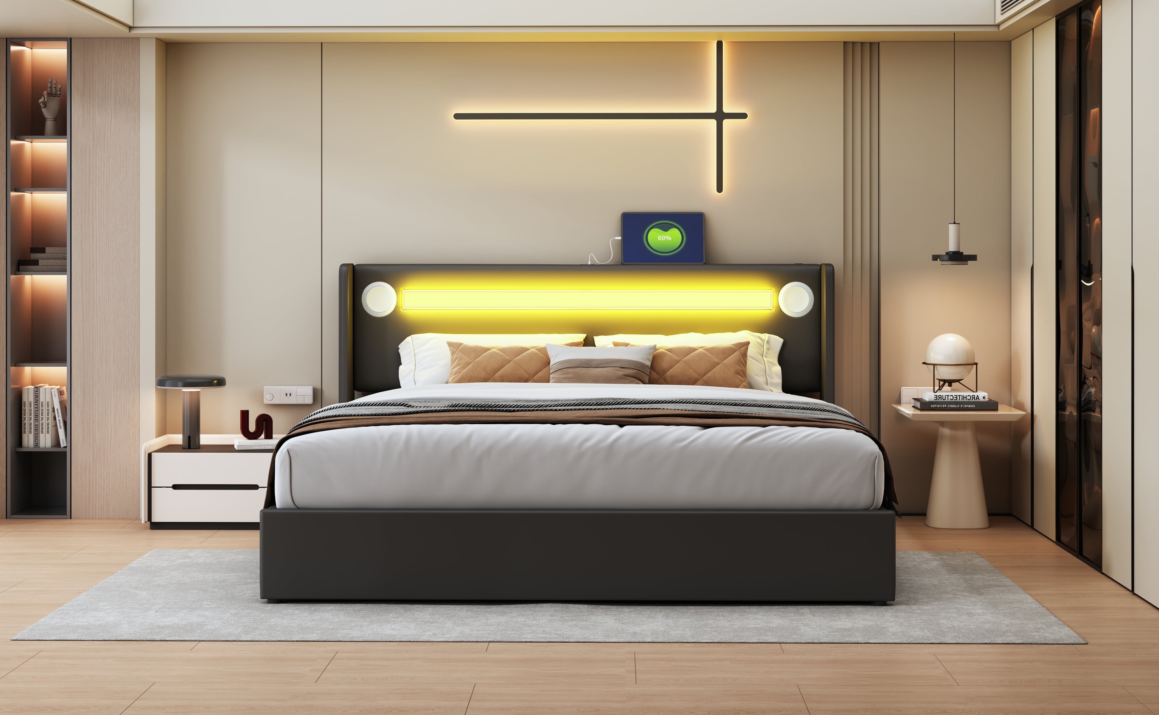 Logidon gestoffeerd bed 160x200 zwart met LED lichtstrip USB opladen