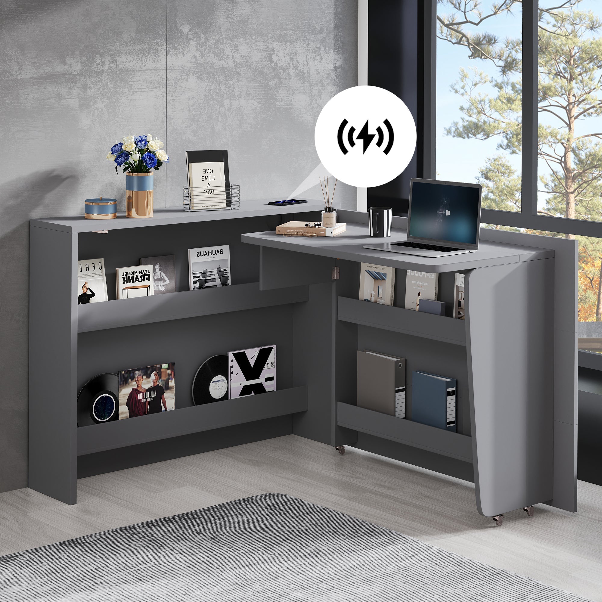 Logidon Opvouwbaar Bureau met Wielen en Draadloze Oplader 2in1 Grijs