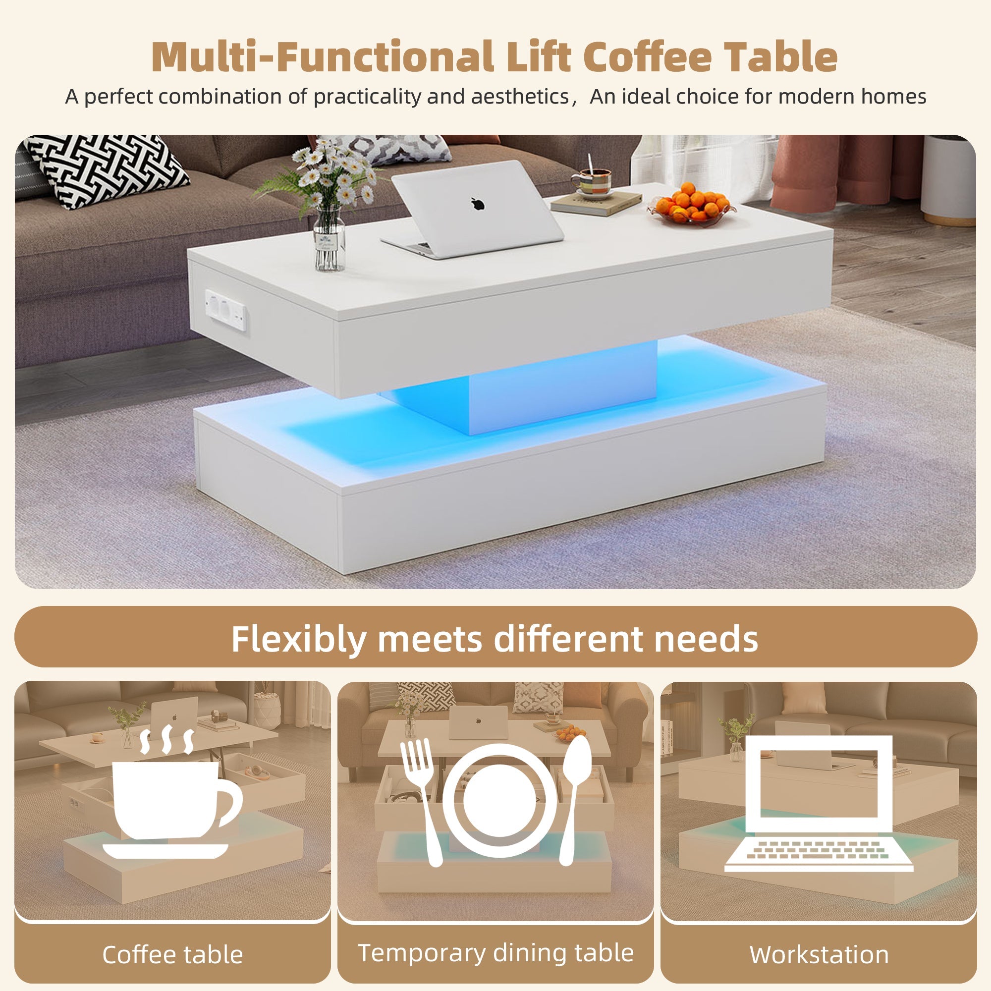 Logidon salontafel LED-verlichting en opbergruimte wit 100x50 cm