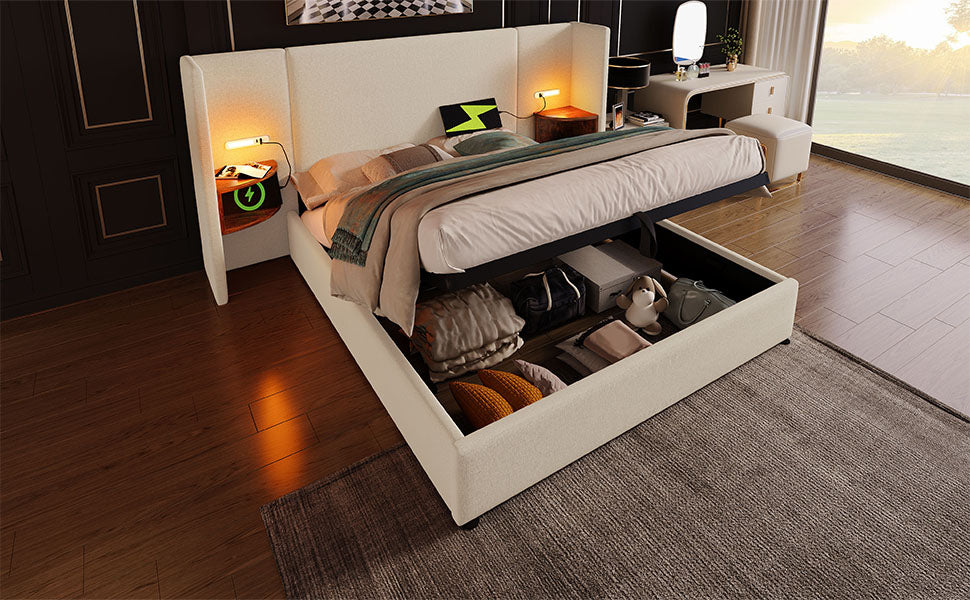 Logidon upholstered bed 160x200 double bed beige linen with storage space