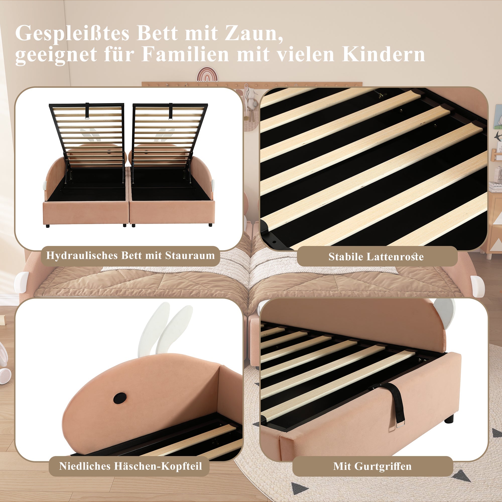 Logidon gestoffeerd bed 90x200 cm roze fluwelen konijn hoofdbord met opbergruimte