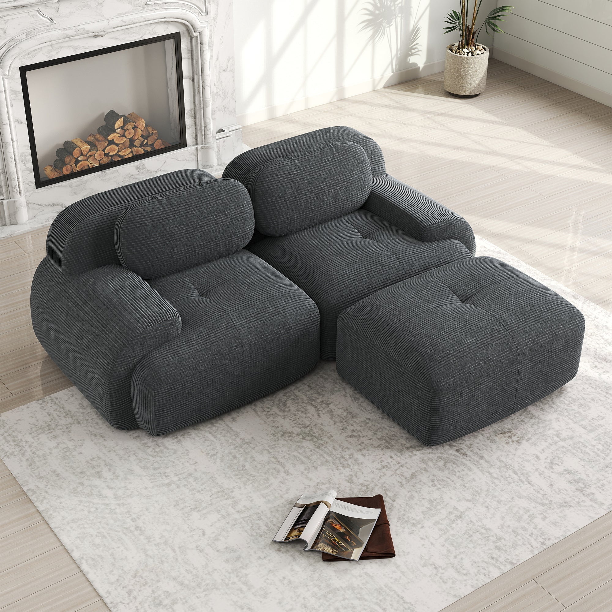 Logidon Hoekbank 208 cm Grijs Corduroy Modulaire Gebogen Armleuningen