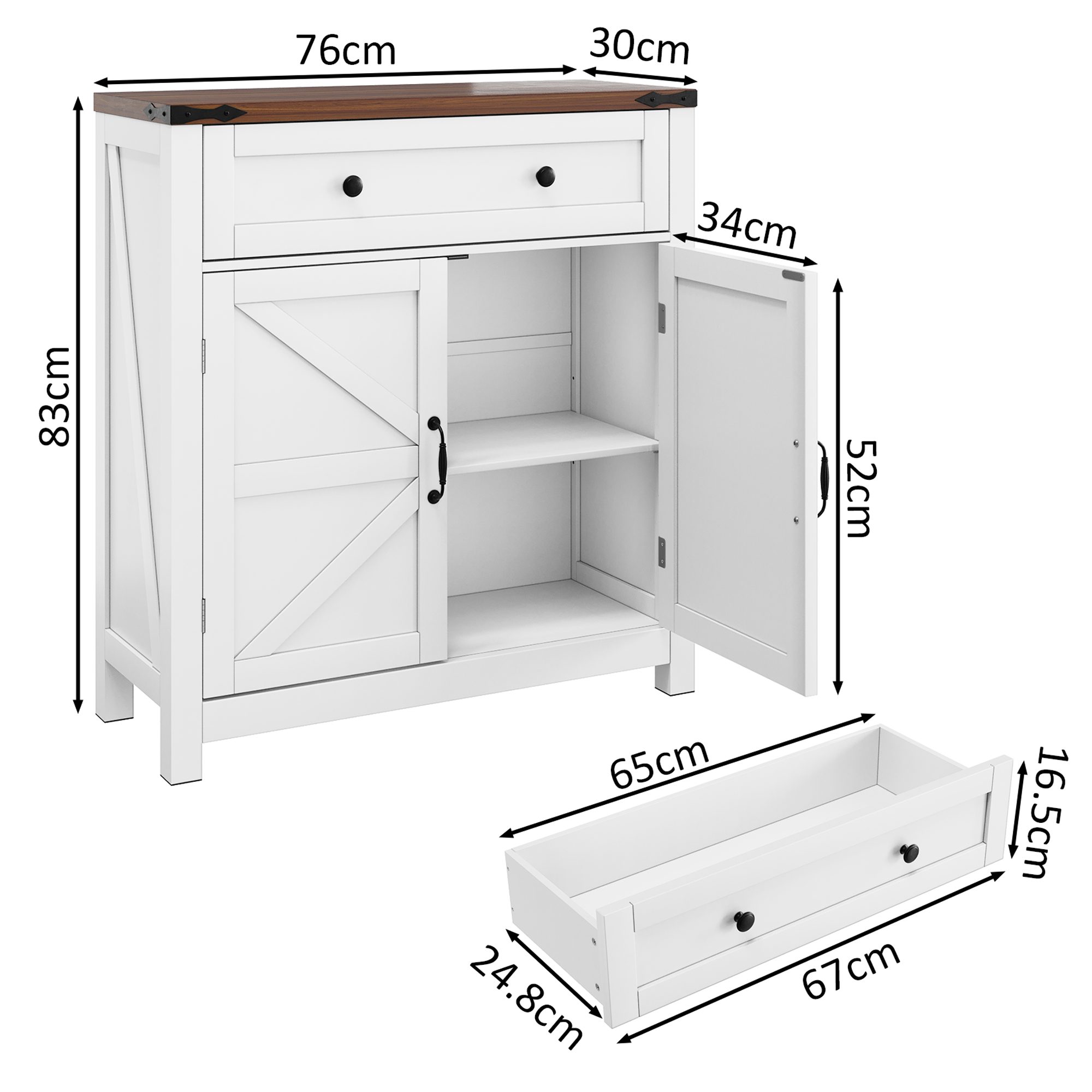 Logidon Boerderijbuffetbox 76 cm wit met lades walnootblad