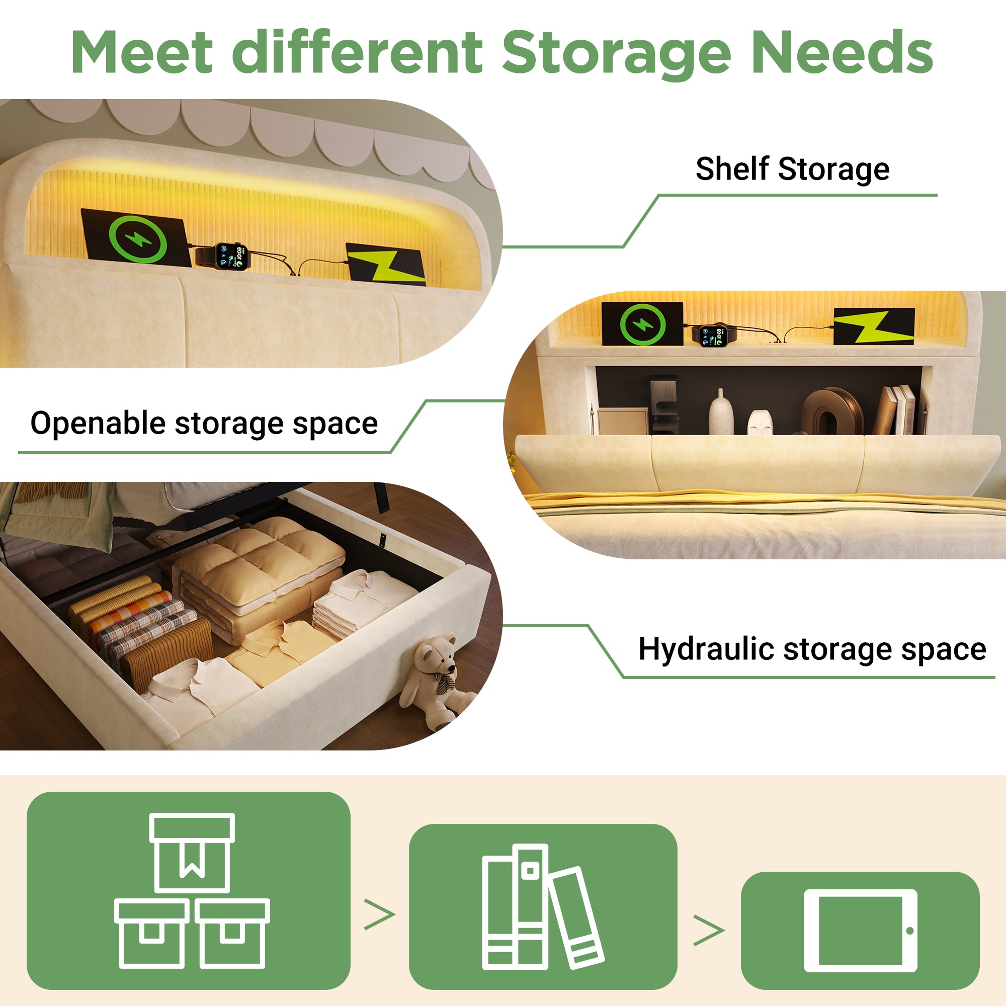 Logidon gestoffeerd bed 90x200 cm beige fluweel met opbergruimte hoofdbord, LED