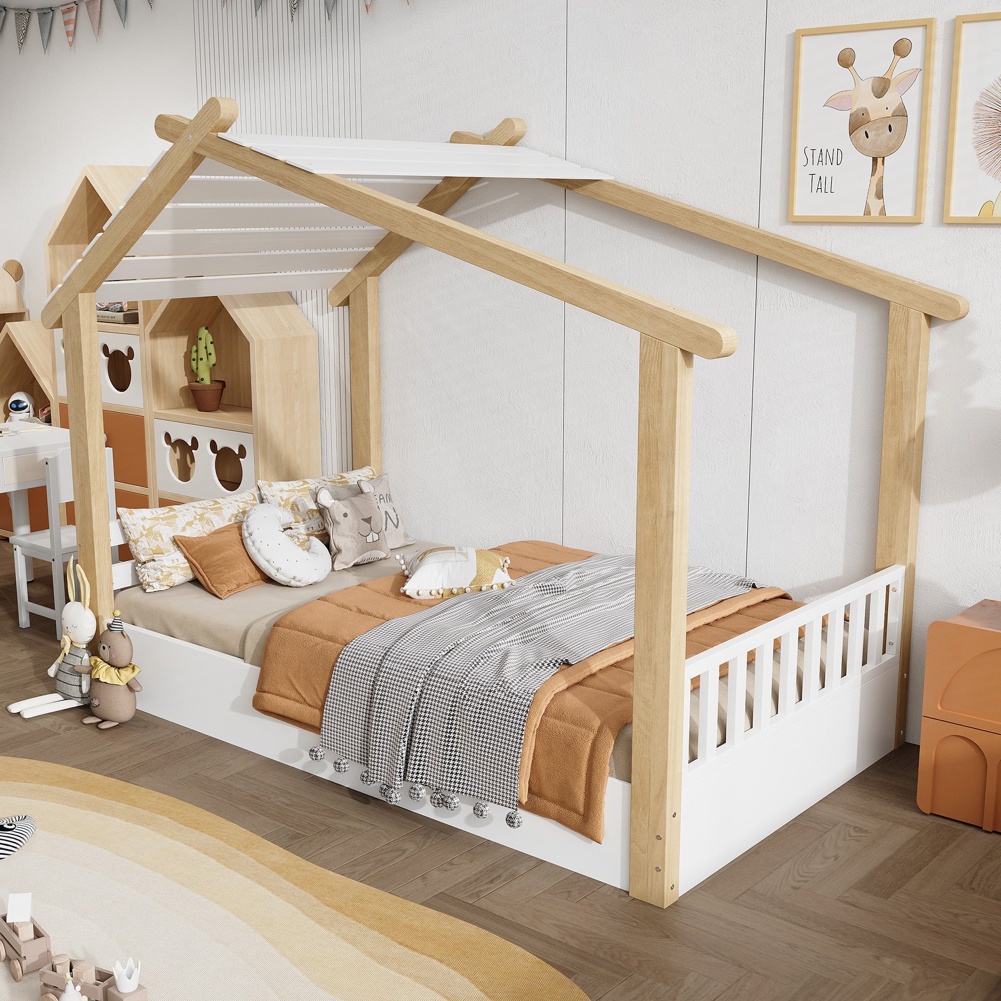 Logidon children's bed 90x200 cm white natural - wooden house design slatted frame