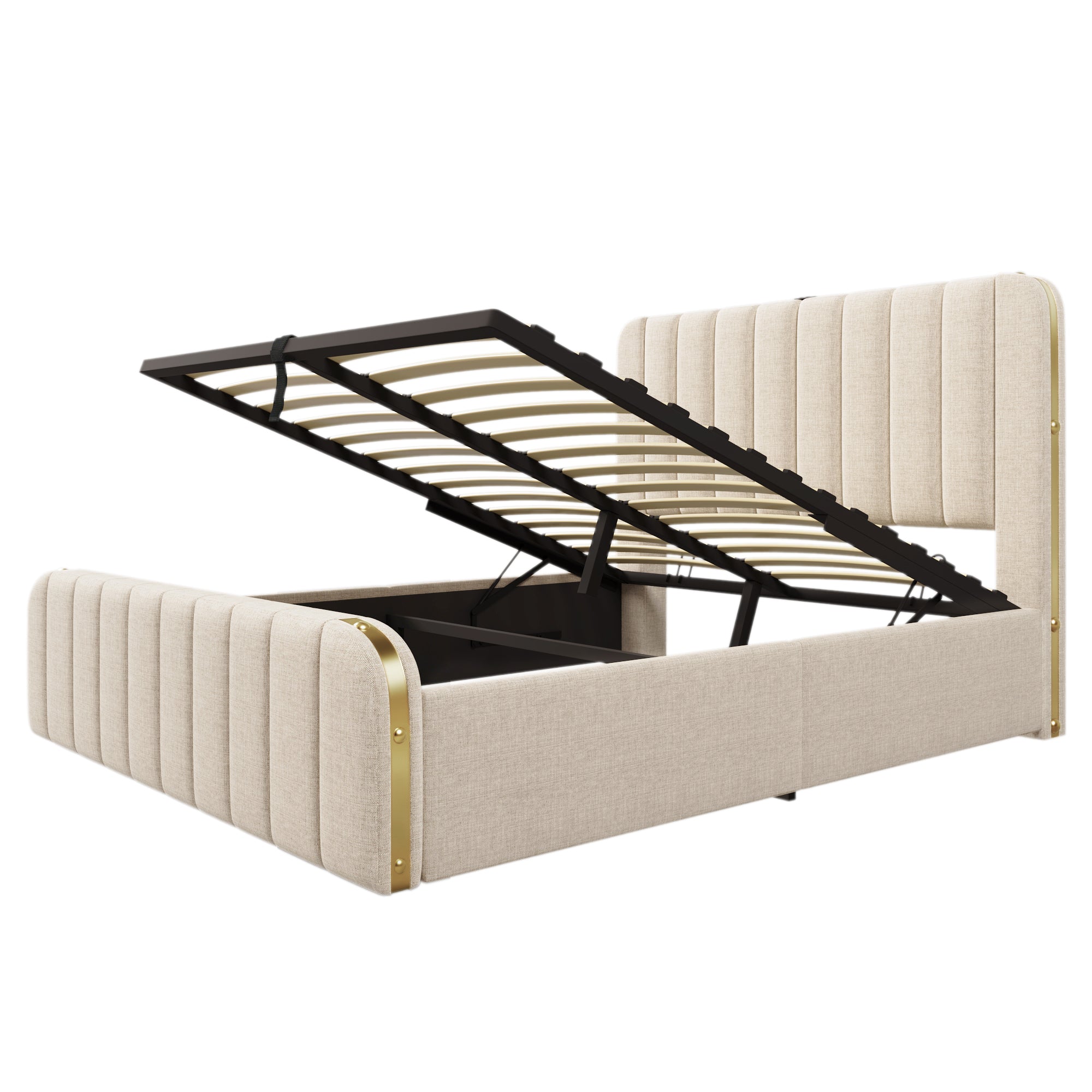 Logidon gestoffeerd bed 160x200 beige linnen, USB-C oplaadfunctie