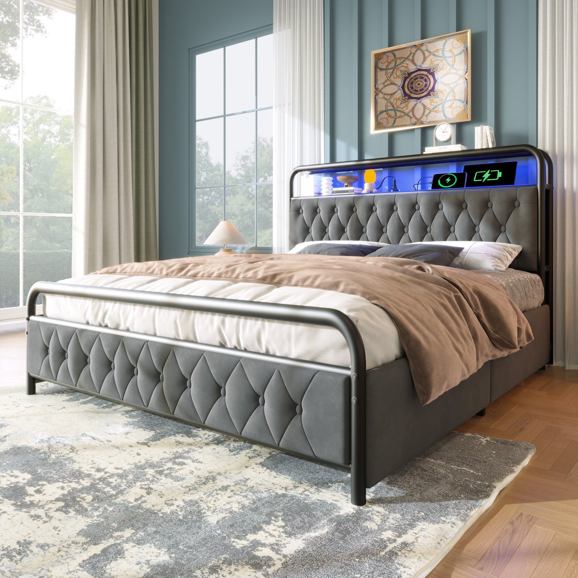 Logidon gestoffeerd bed 160x200 grijs USB-C oplaadfunctie LED-bediening