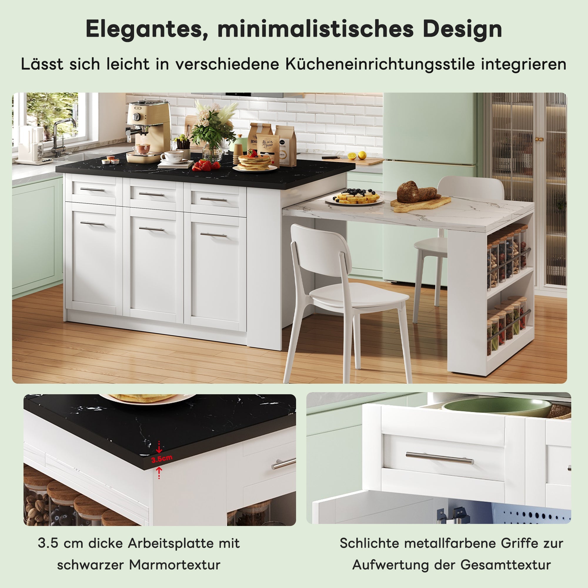 Logidon keukeneiland 150x96 cm wit met marmeren blad uitschuifbare eettafel