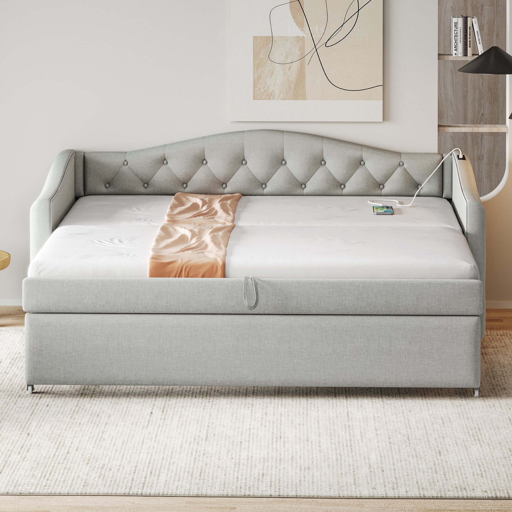 Logidon Upholstered Bed Extendable Sofa Bed 90x200 Gray Linen Fabric USB