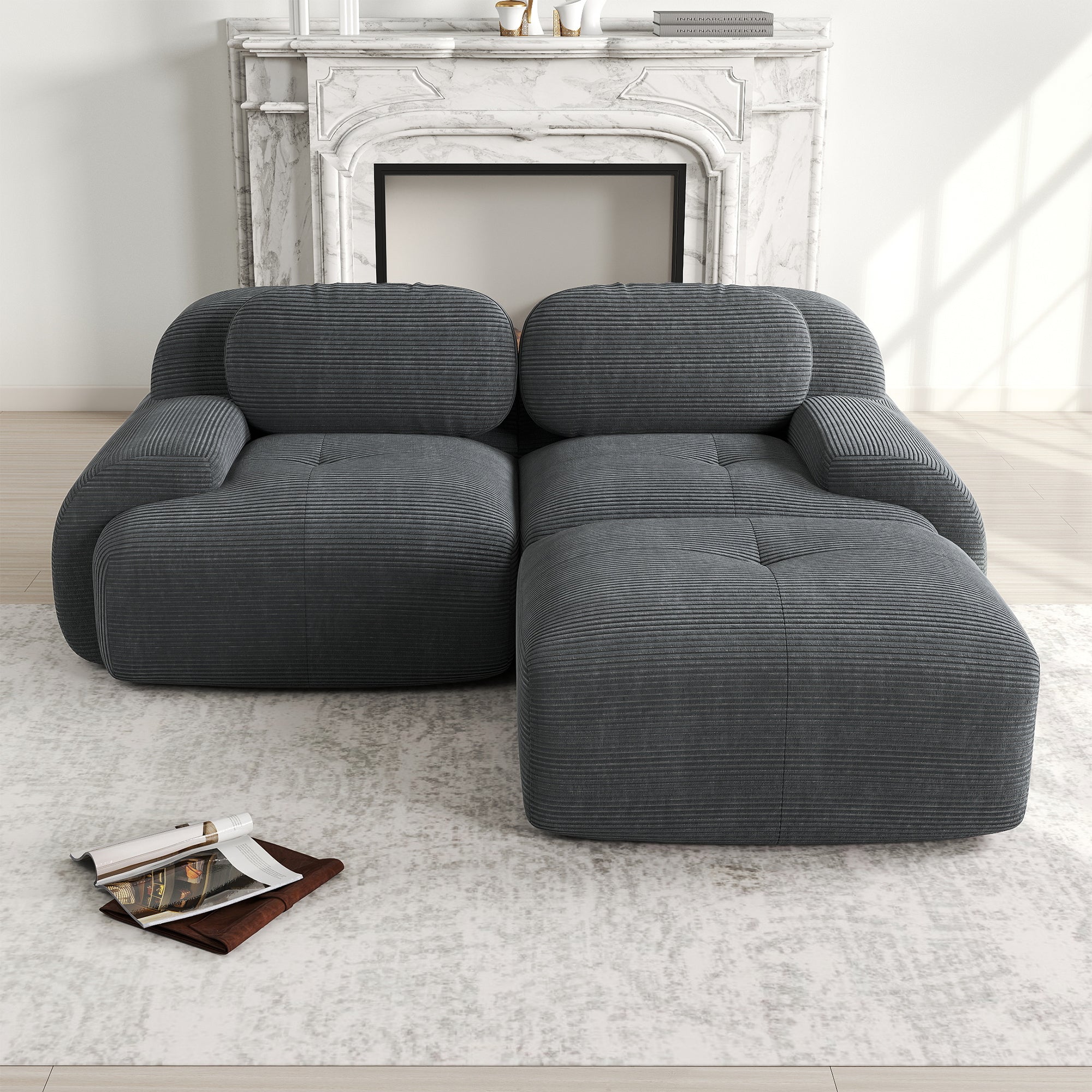 Logidon Hoekbank 208 cm Grijs Corduroy Modulaire Gebogen Armleuningen