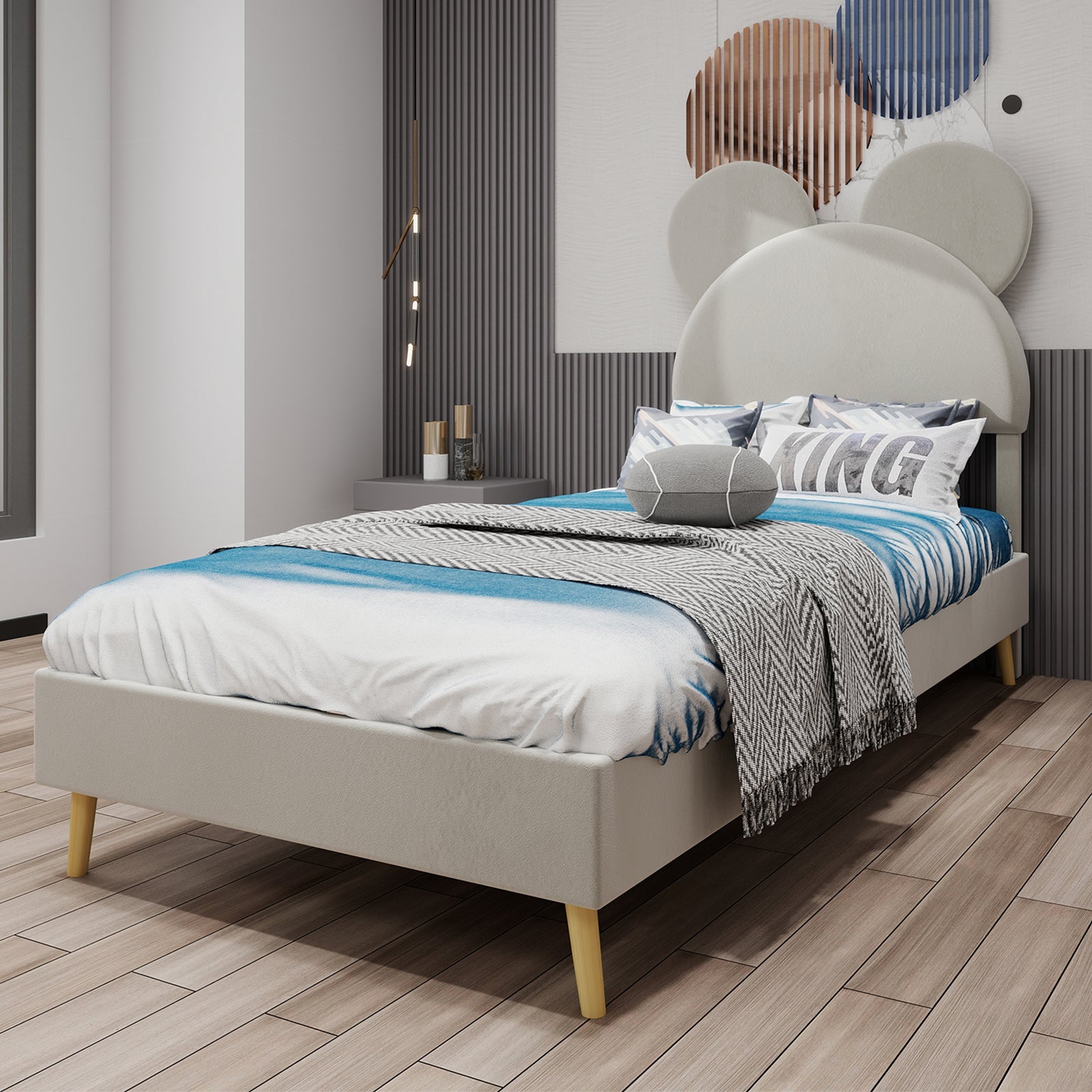 Logidon gestoffeerd bed 140x200 beige cartoon hoofdeinde inclusief lattenbodem