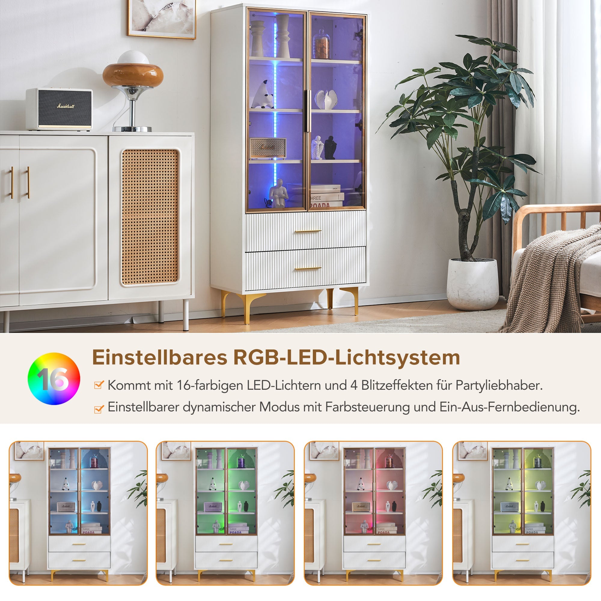 Logidon Elegant White Glass Display Cabinet 70x35x150 cm Teal Glass Doors