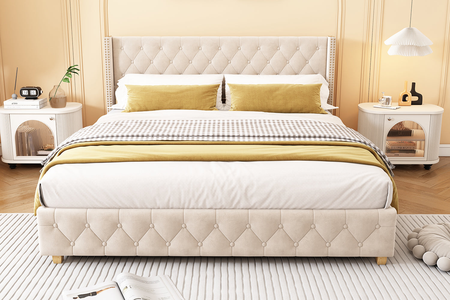 Logidon upholstered bed 180x200 light beige velvet button upholstery slatted frame