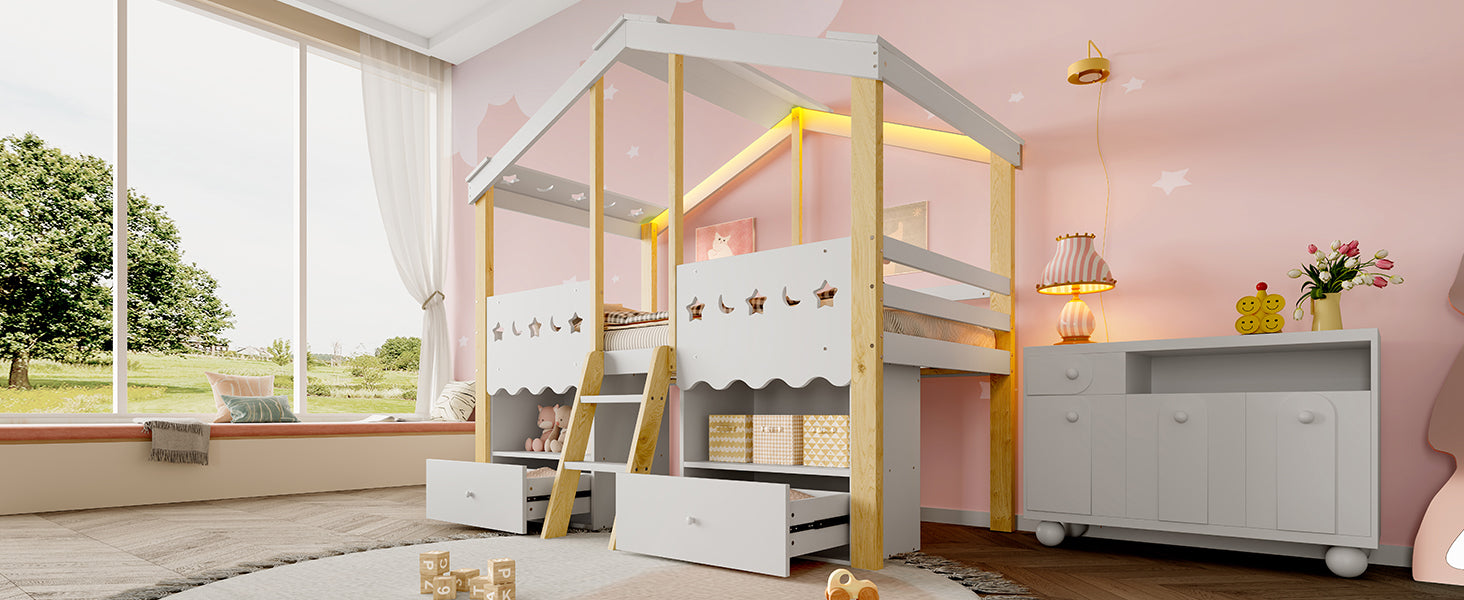 Logidon halfhoogslaper 90x200 huisvorm LED-lichtstrip 2 lades