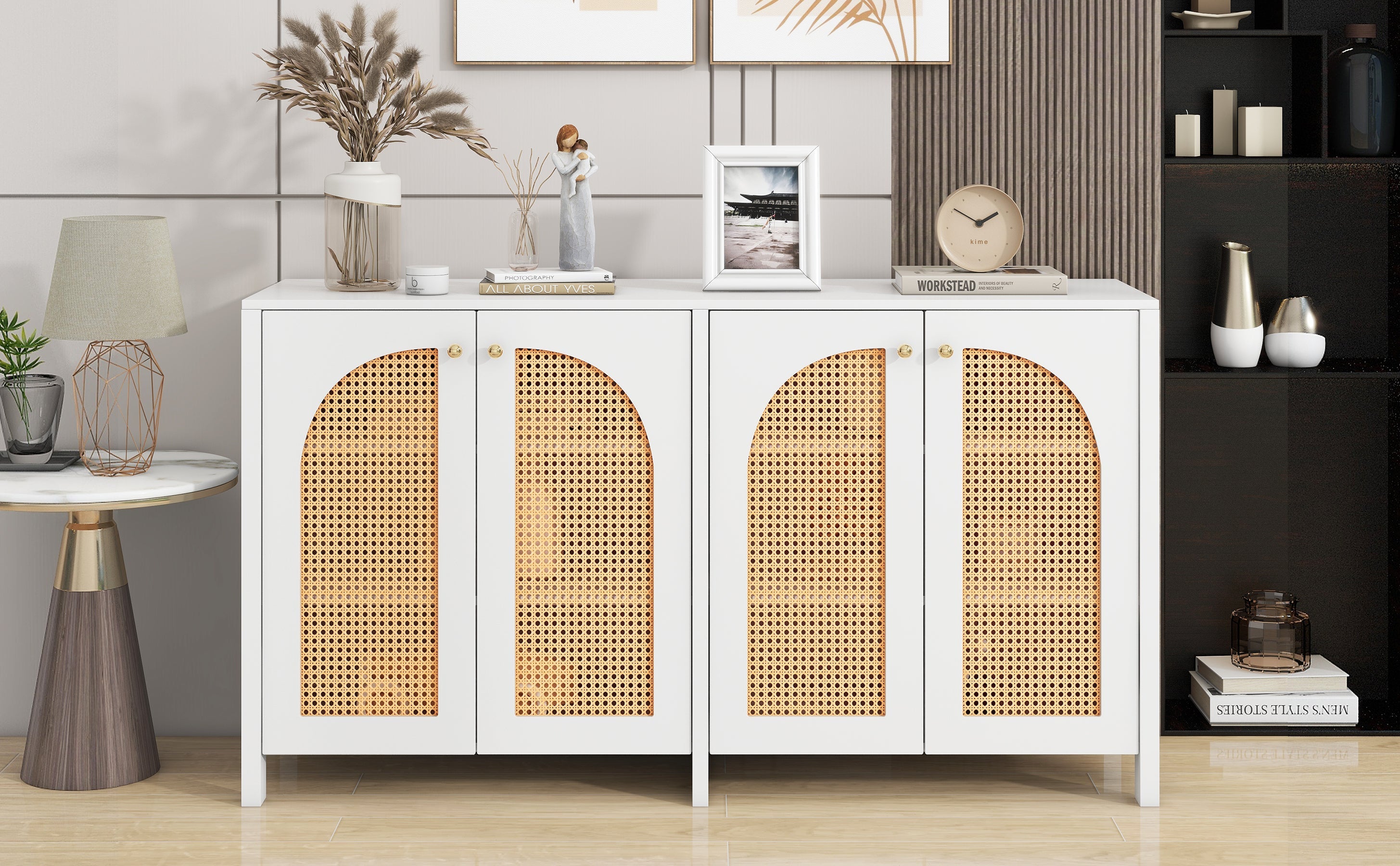 Logidon Modern dressoir 4 rotan deuren wit 145x40x80 cm