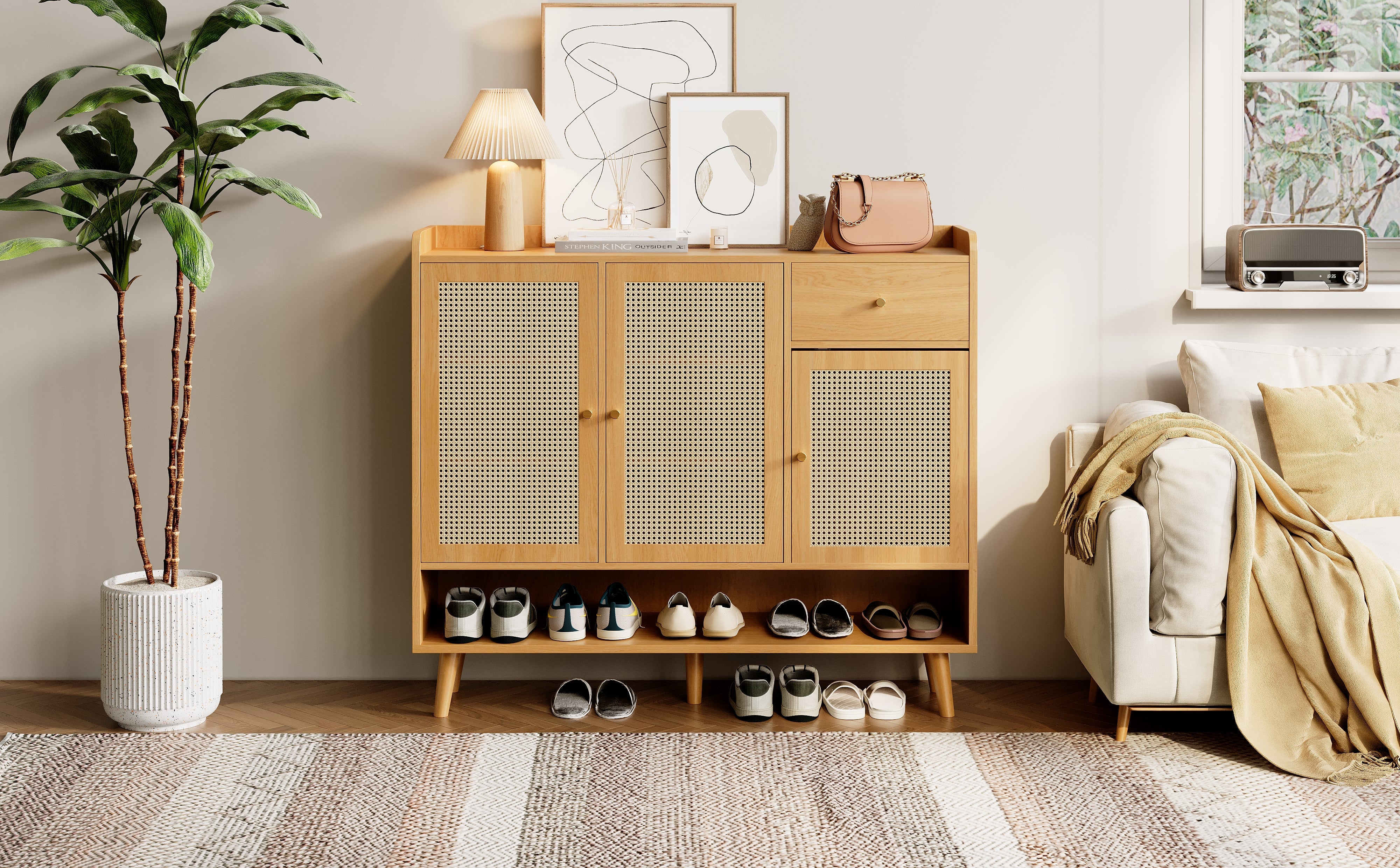 Logidon schoenenkast naturel rotan 120x35x106 met 3 deuren 1 lade
