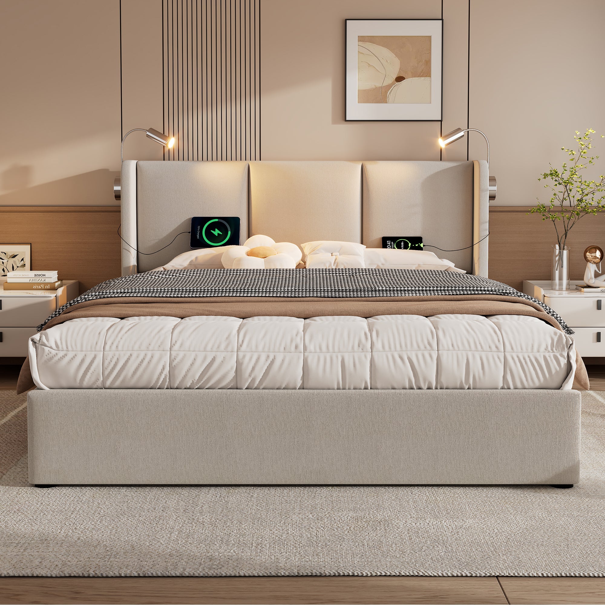 Logidon gestoffeerd bed 140x200 beige linnen opbergruimte met USB leeslampje