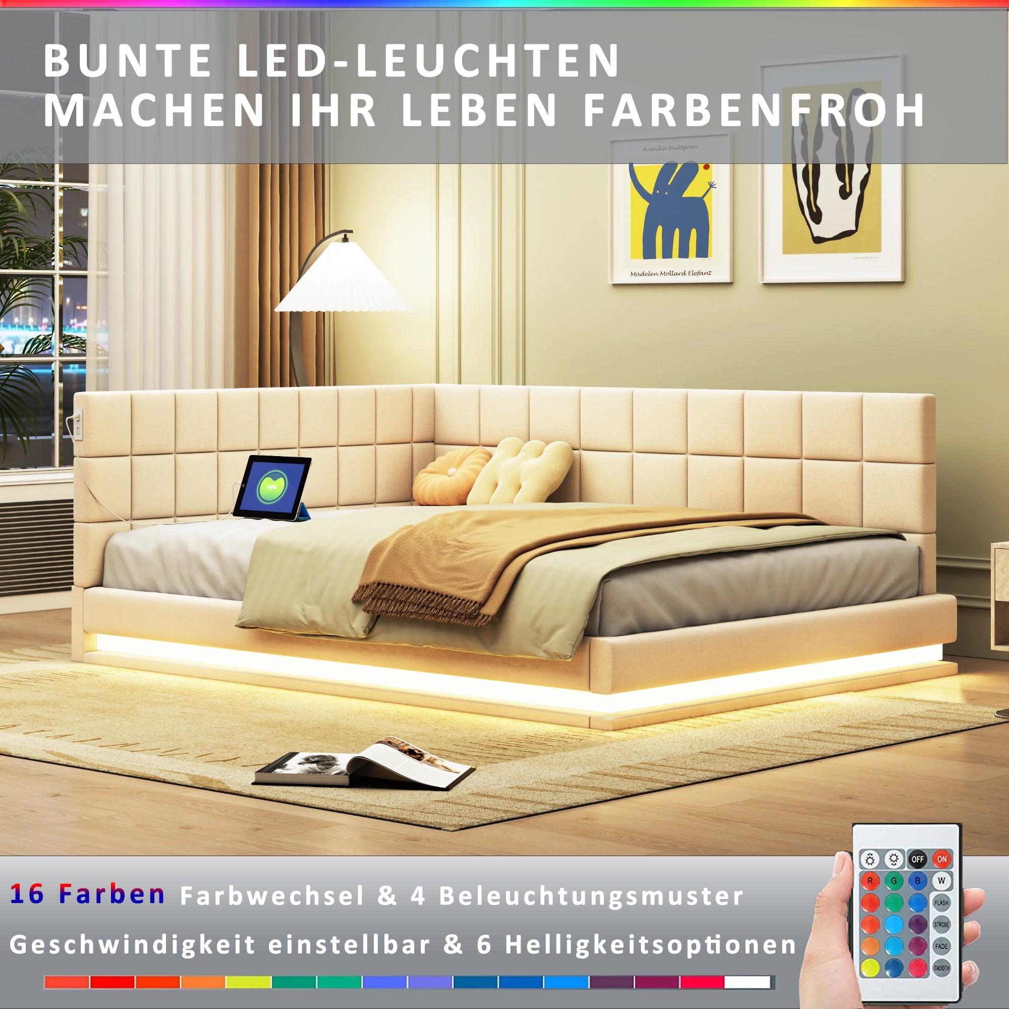Logidon slaapbank gestoffeerd bed 140x200 beige met LED lichtstrip