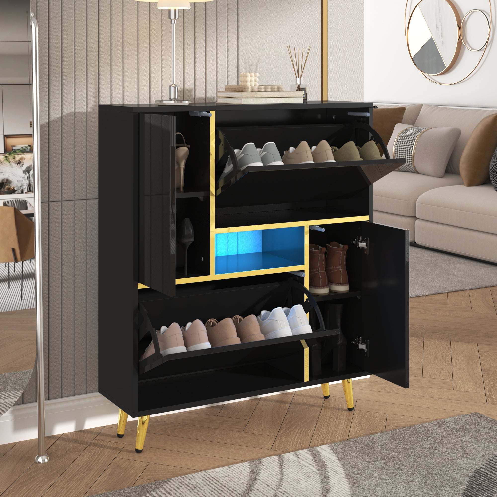 Logidon Moderne Schoenenkast Zwart Hoogglans LED 80x25x96 cm