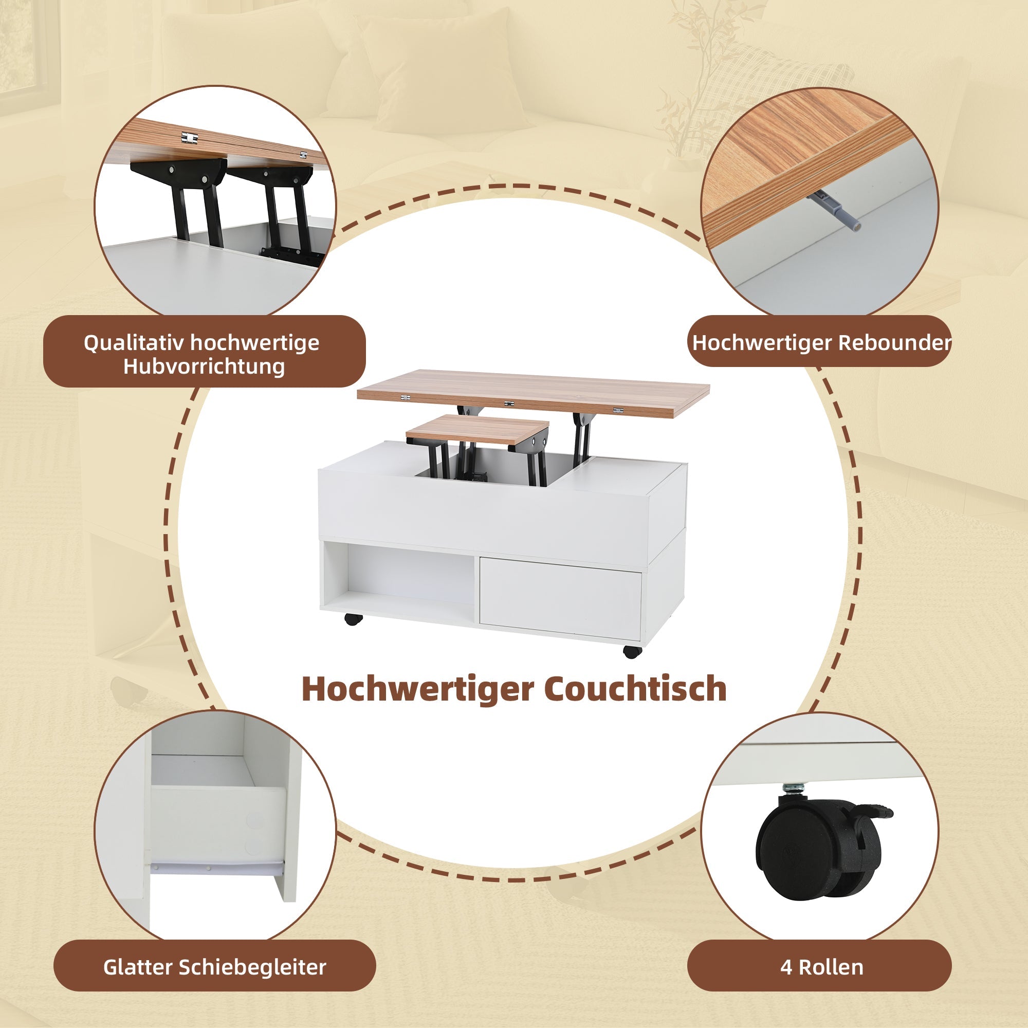 Logidon salontafel Lift Top 100x50 wit houtlook met 4 lades