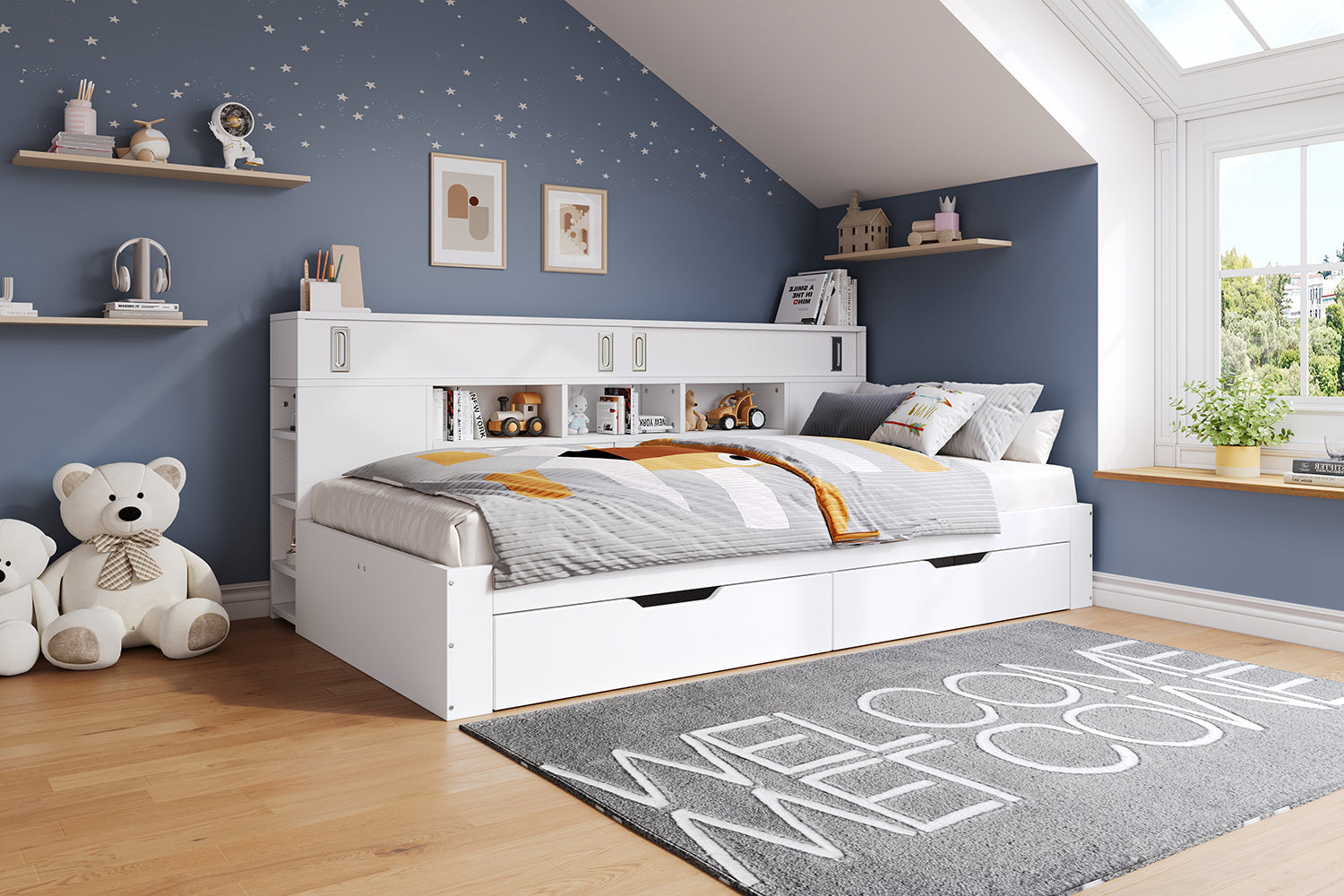 Logidon kinderbed 135x190 cm met opbergruimte, planken en kast wit