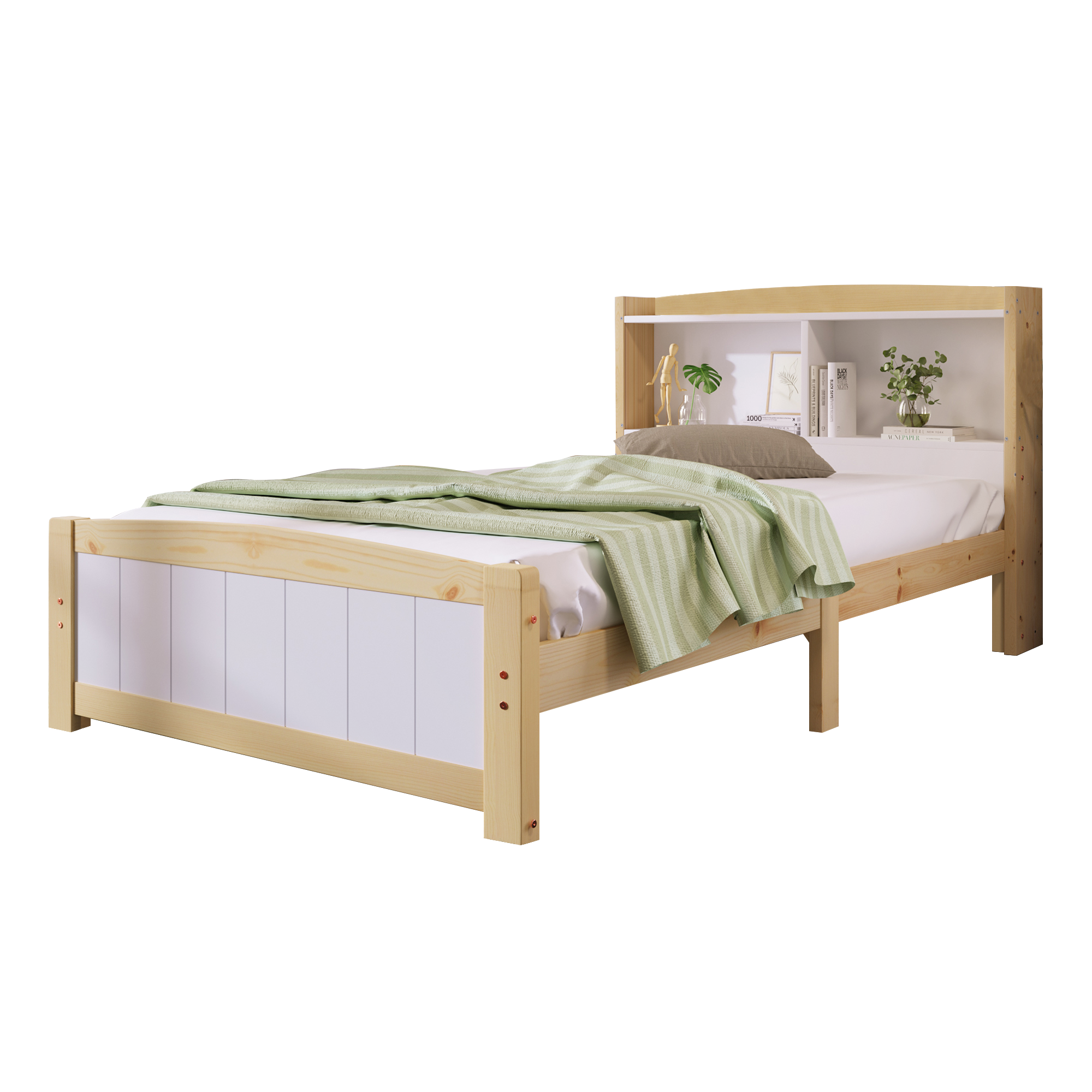 Logidon massief houten bed 90x200 met opbergruimte hoofdeinde wit natuurlijk hout