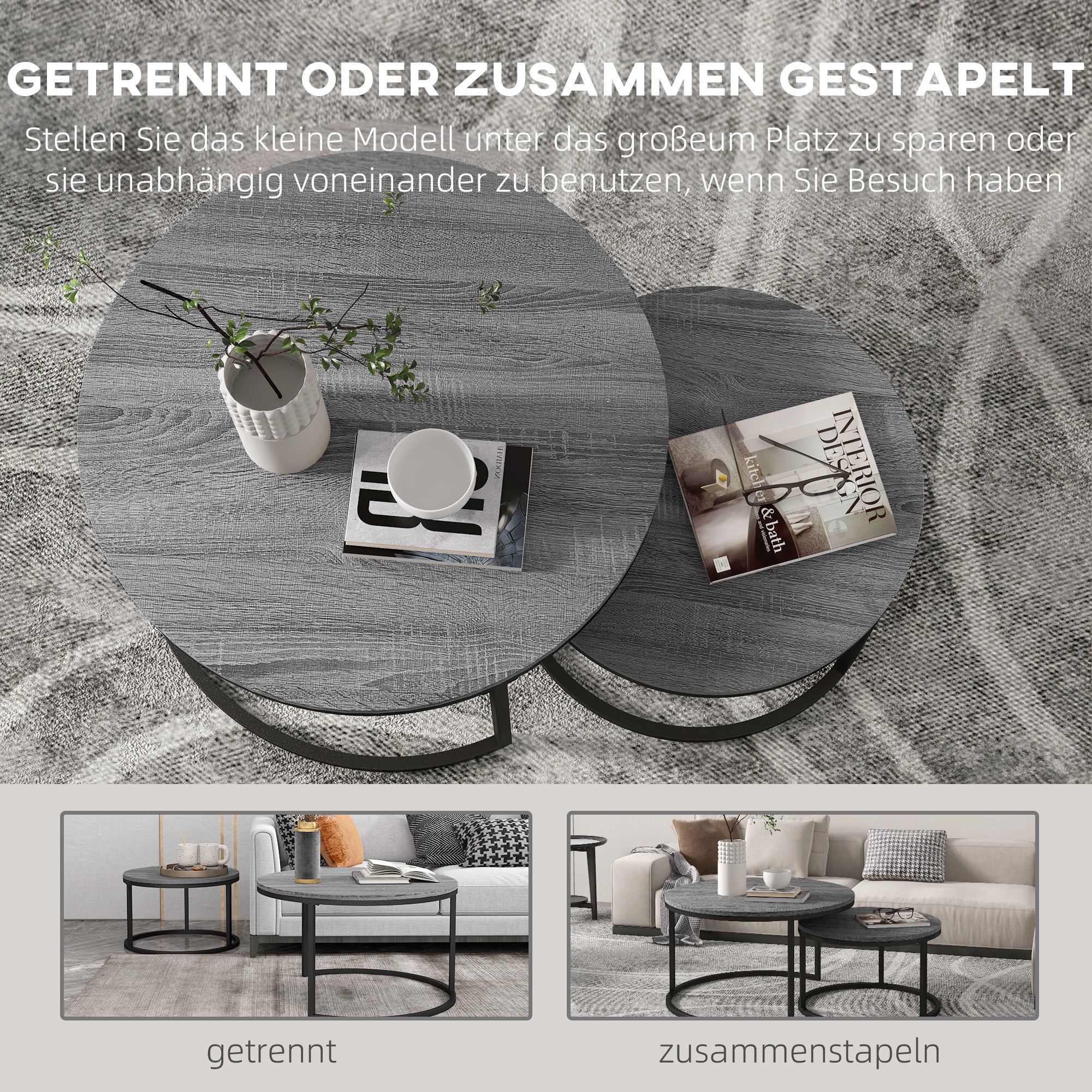 Logidon ronde salontafel set van 2 houtlook stapelbaar metalen frame