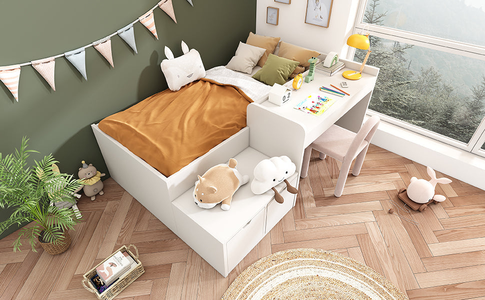 Logidon kinderbed 90x200 massief hout wit met bureau en opbergruimte