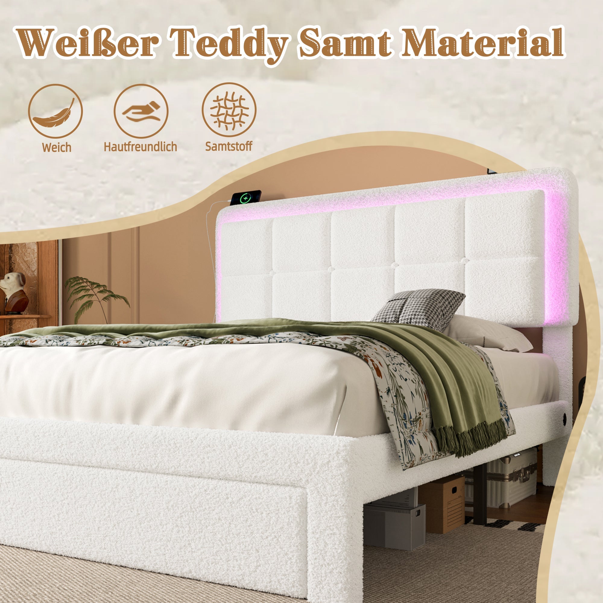 Logidon bedframe wit fluweel 160x200 cm met teddy fluwelen hoes