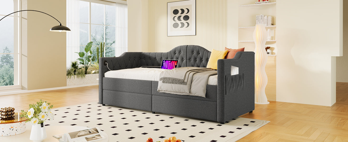 Logidon upholstered daybed 90x200 gray USB-C charging function 2 drawers