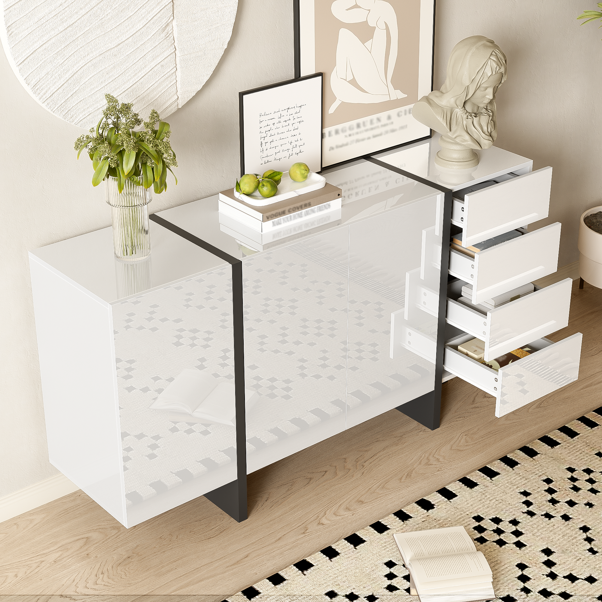 Logidon wit hoogglans dressoir 150x40x80,5 2 deuren 4 lades