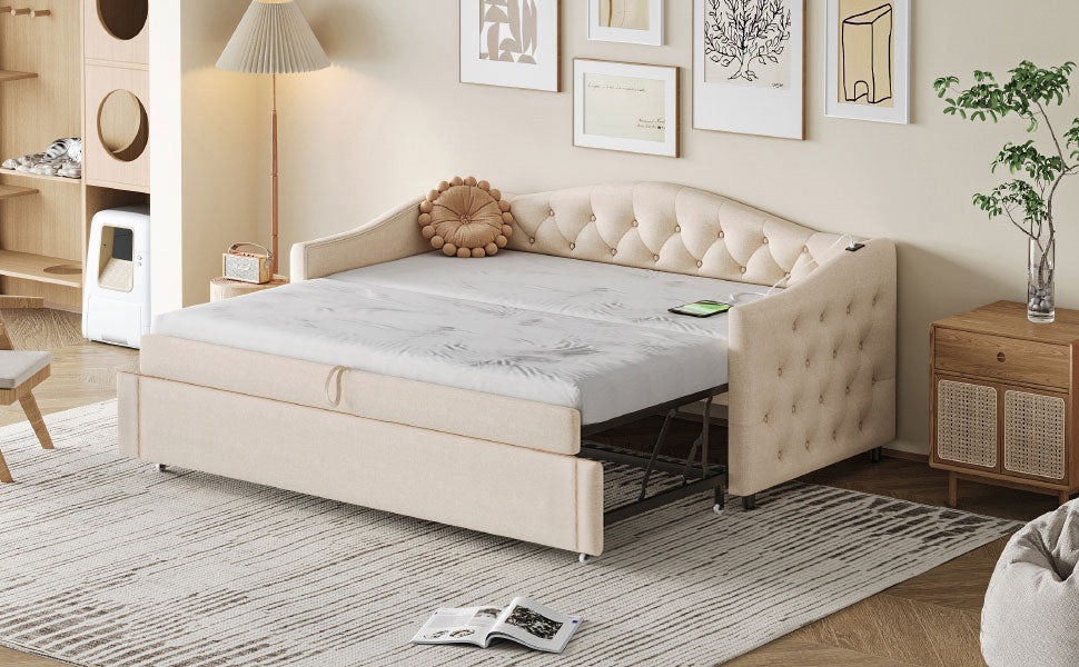 Logidon uitschuifbare slaapbank 90x200 beige met USB-poort