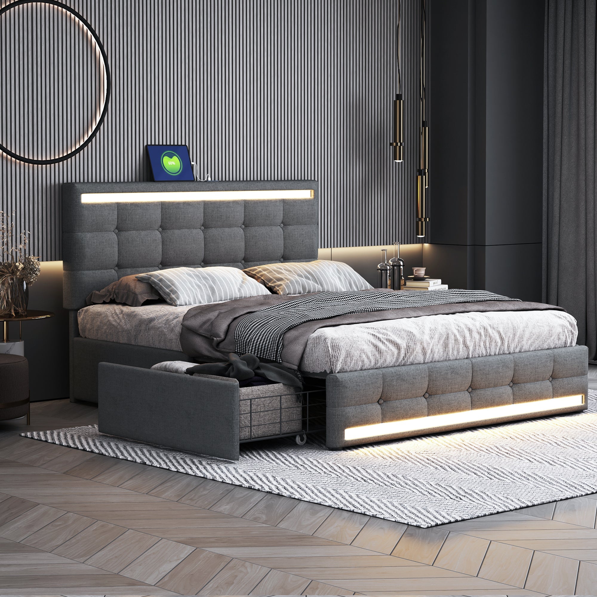 Logidon gestoffeerd bed 140x200 cm grijs LED opbergruimte USB 4 lades